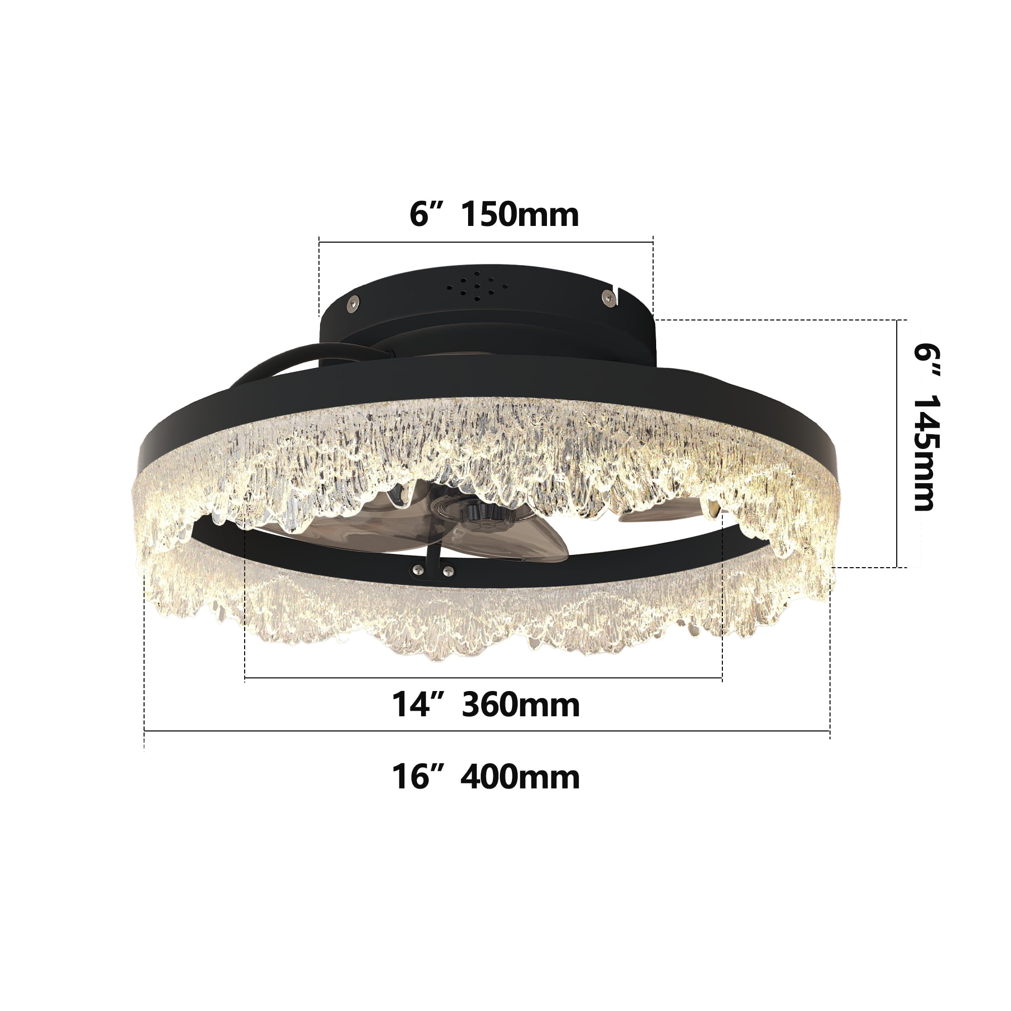 Miniyam Ceiling Fan Modern Style – Crystal Ring Design with Dimmable LED Light, Remote/APP Control, 6 Speeds, Wall Mount