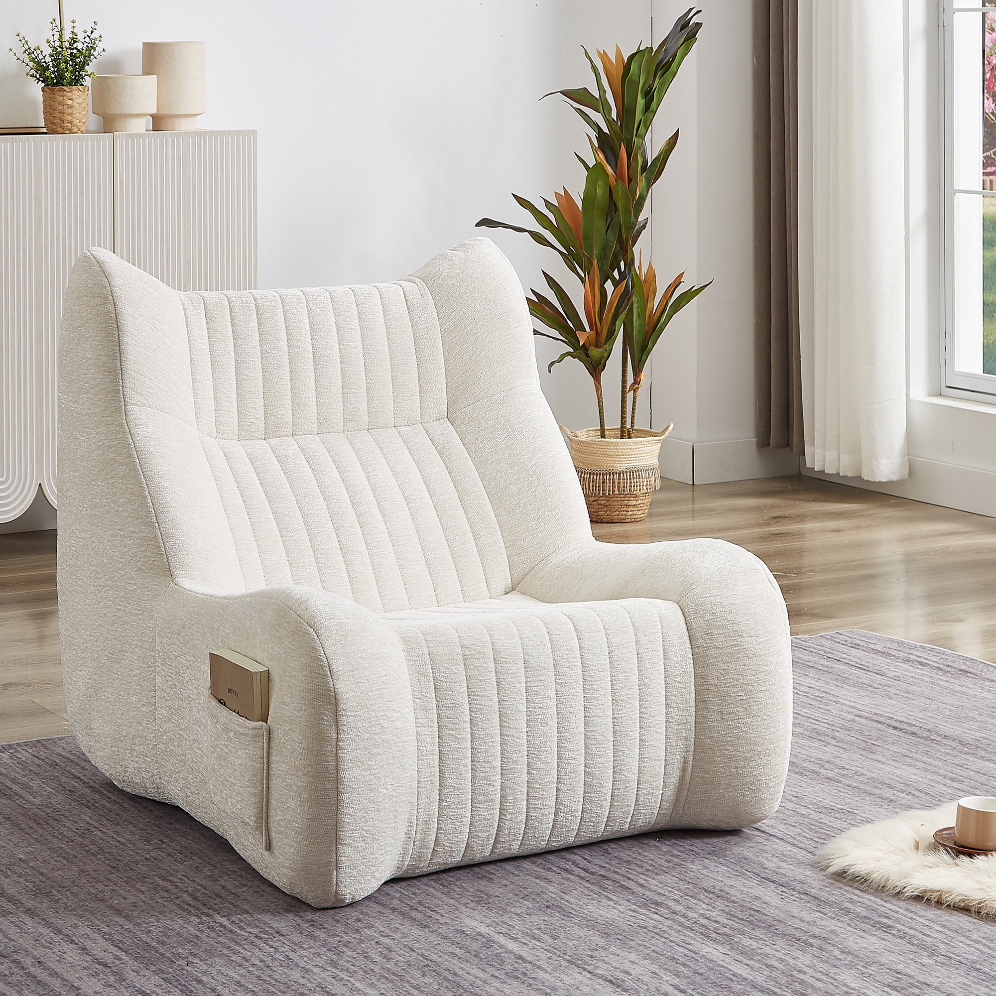 Miniyam Chenille Floor Sofa Chair with Side Pocket, Oversized Ergonomic Lounge Chair with High-Resilience Sponge for Living Room or Bedroom, Beige