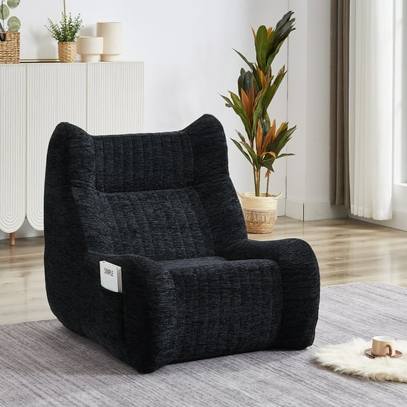 Miniyam Chenille Floor Sofa Chair with Side Pocket, Oversized Ergonomic Lounge Chair with High-Resilience Sponge for Living Room or Bedroom, Black