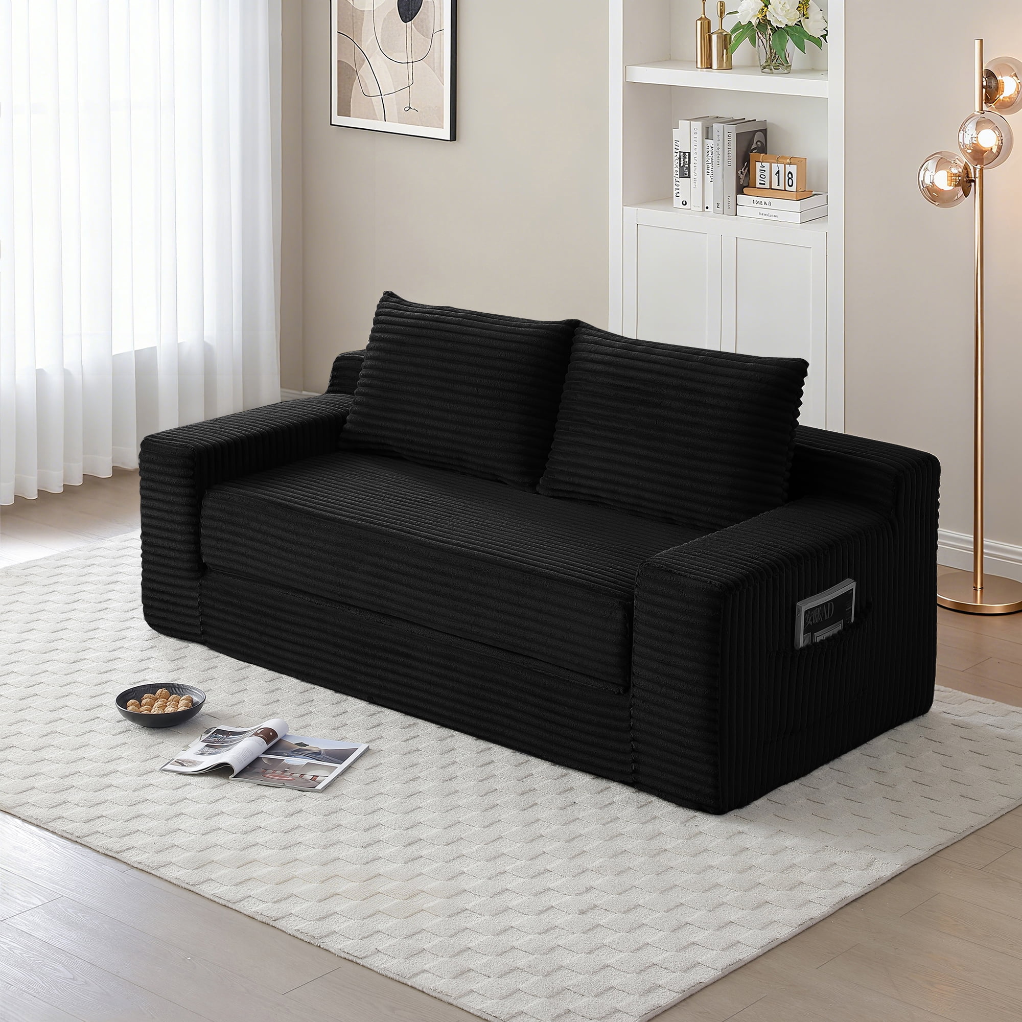 Miniyam Cloud Loveseat Sofa, 2 in 1 Convertible Folding Couch Bed, No Assembly Compressed Corduroy Floor Lounge Sofa for Apartment Office, Black