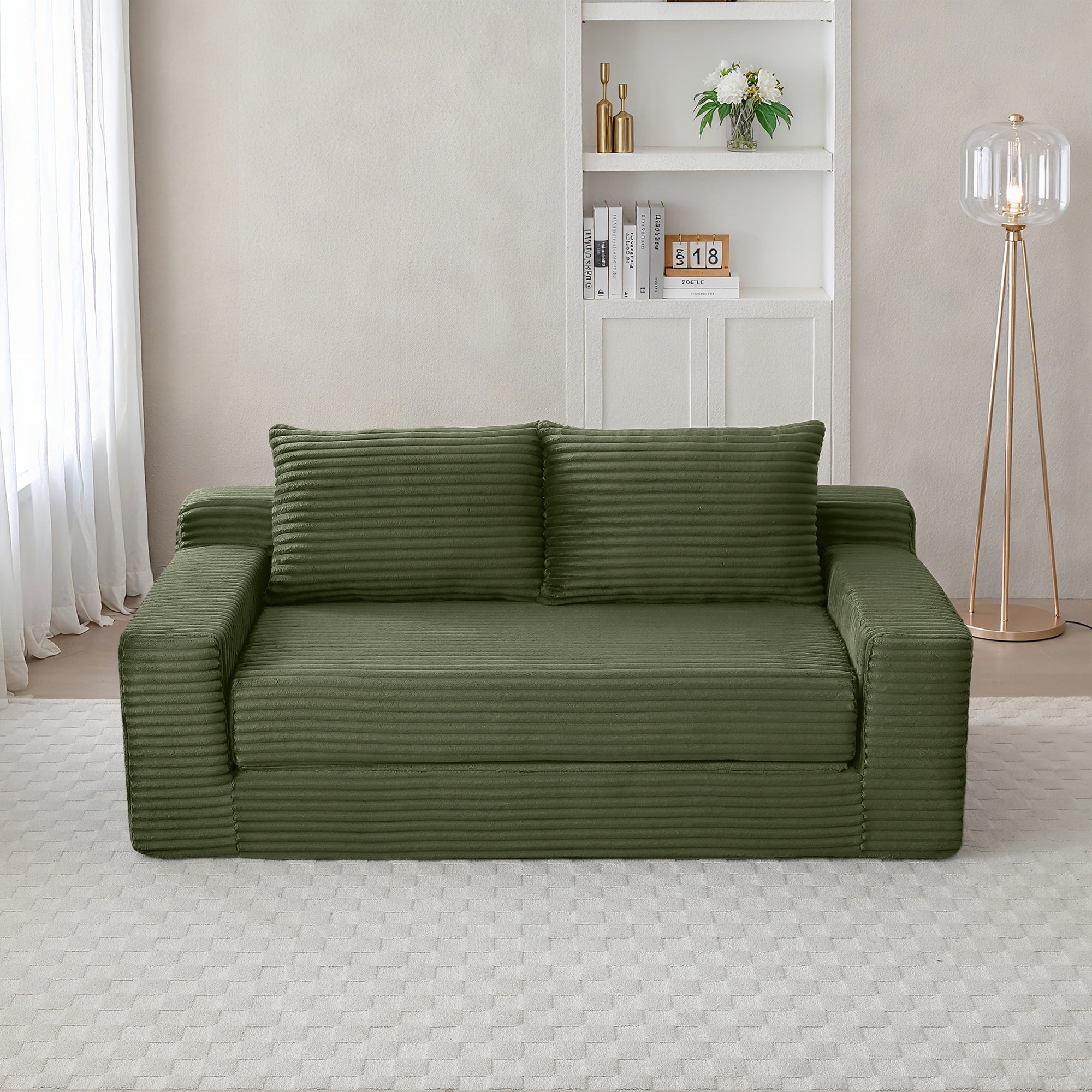 Miniyam Cloud Loveseat Sofa, 2 in 1 Convertible Folding Couch Bed, No Assembly Compressed Corduroy Floor Lounge Sofa for Apartment Office, Green