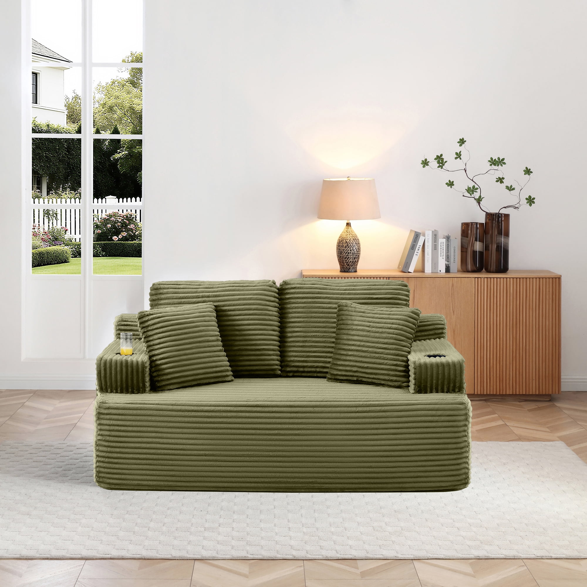 Miniyam Compact Floor Sofa Chair, 2-Seat Cloud Couch with Dual Side Pockets, Soft Corduroy, No Assembly Required, Perfect for Dorm or Cozy Corner (Green)