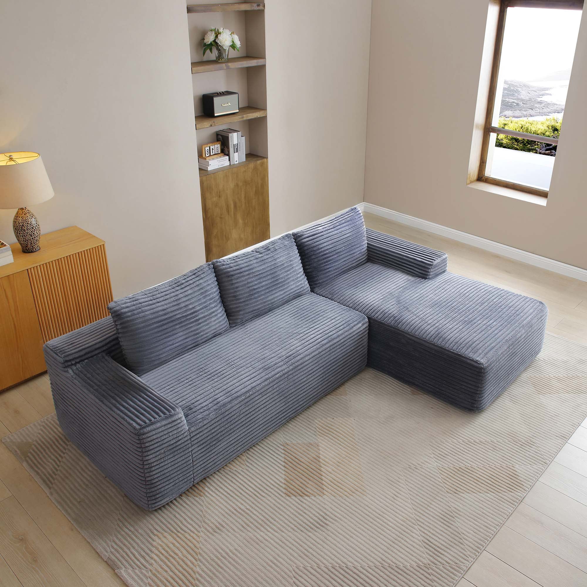 Miniyam Contemporary 97" Sectional Sofa, Deep Seat L-Shape + Chaise, Corduroy & No Assembly (Right Facing Chaise, Grey)