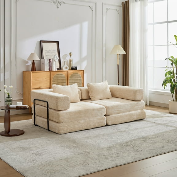 Miniyam Convertible Chenille Sofa Bed Couch, Modular Folding Floor Sleeper with Armrests, Space Saving Design for Living Room, Beige