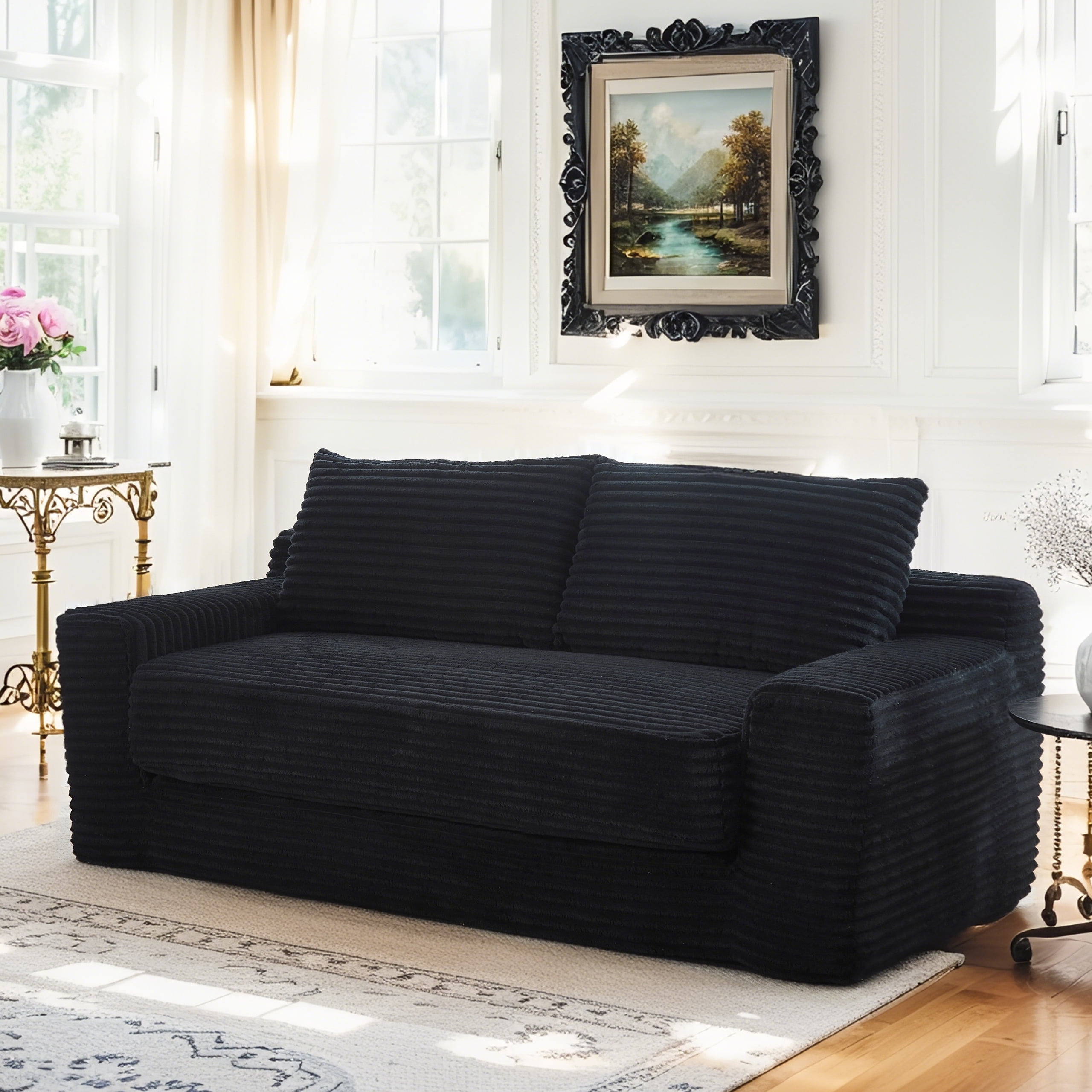 Miniyam Convertible Loveseat Sofa Bed with Memory Foam, Small Couch for Apartment, No Assembly, Corduroy, Black