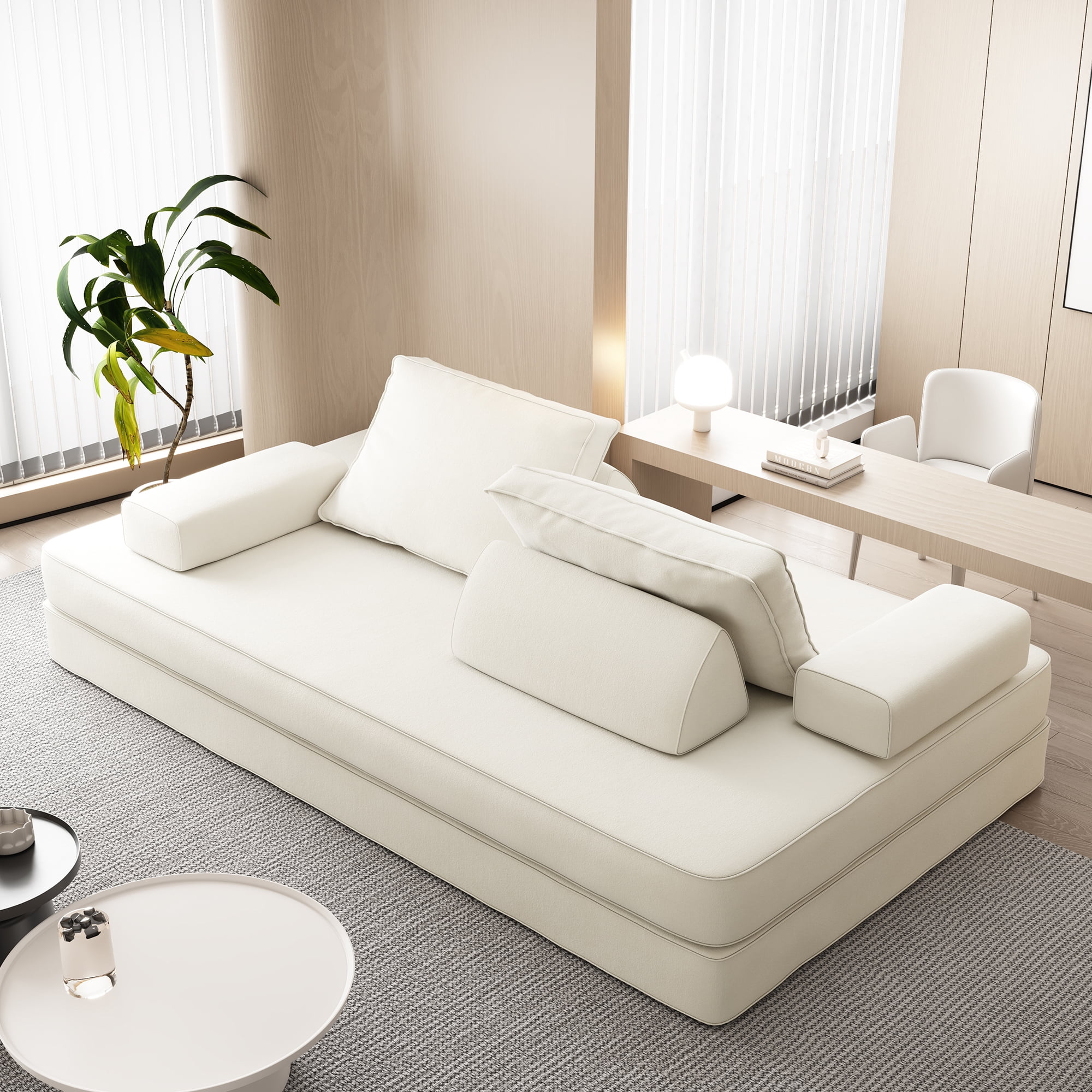 Miniyam Convertible Modular Floor Sofa Bed, Chenille Floor Couch with Backrest for Living Room, Beige