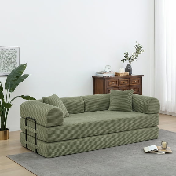 Miniyam Convertible Sleeper Sofa Bed with Cylindrical Pillow - Corduroy Folding Mattress Couch with Fixed-Shape Frame for Living Room, Bedroom, Lounge, Studio - Light Green