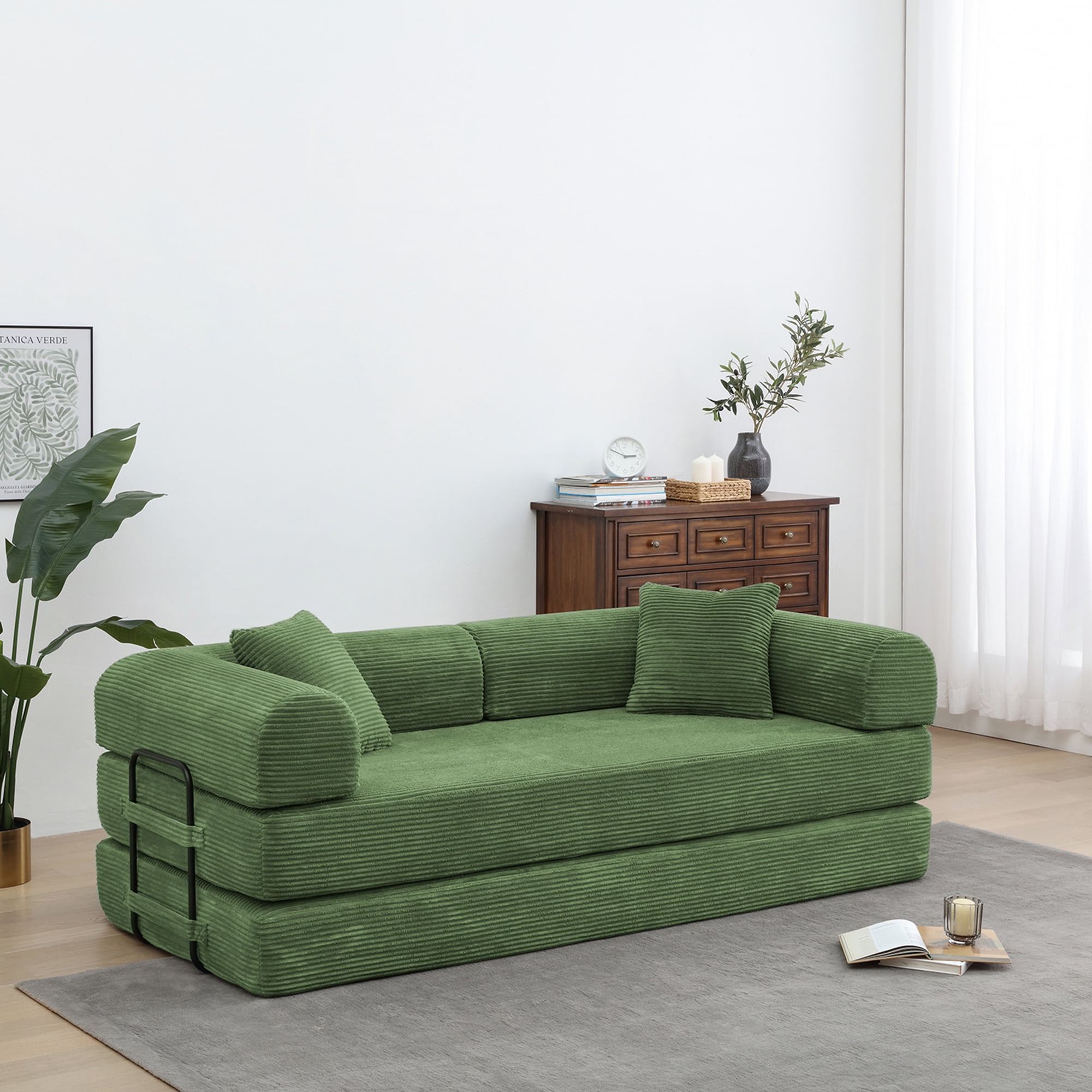 Miniyam Convertible Sleeper Sofa Bed with Cylindrical Pillow - Corduroy Folding Mattress Couch with Fixed-Shape Frame for Living Room, Bedroom, Lounge, Studio - Olive Green