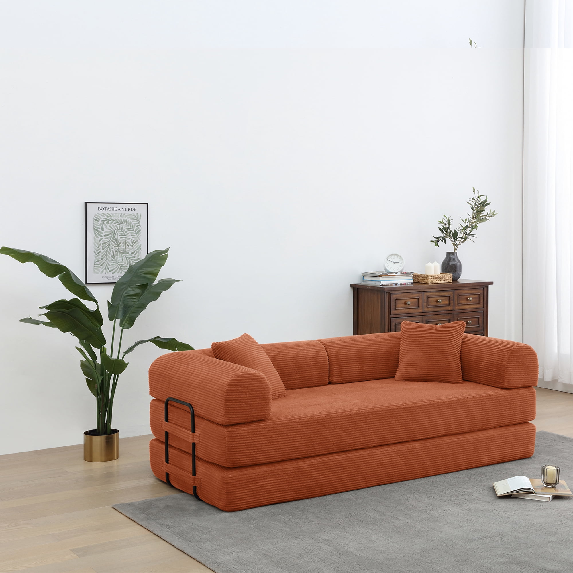 Miniyam Convertible Sleeper Sofa Bed with Cylindrical Pillow - Corduroy Folding Mattress Couch with Fixed-Shape Frame for Living Room, Bedroom, Lounge, Studio - Orange