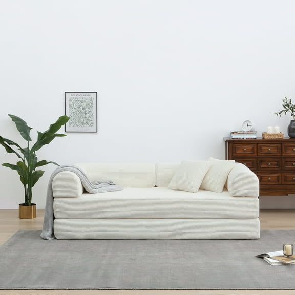 Miniyam Convertible Sleeper Sofa Bed with Cylindrical Pillow - Corduroy Folding Mattress Couch with Fixed-Shape Frame for Living Room, Bedroom, Lounge, Studio - White