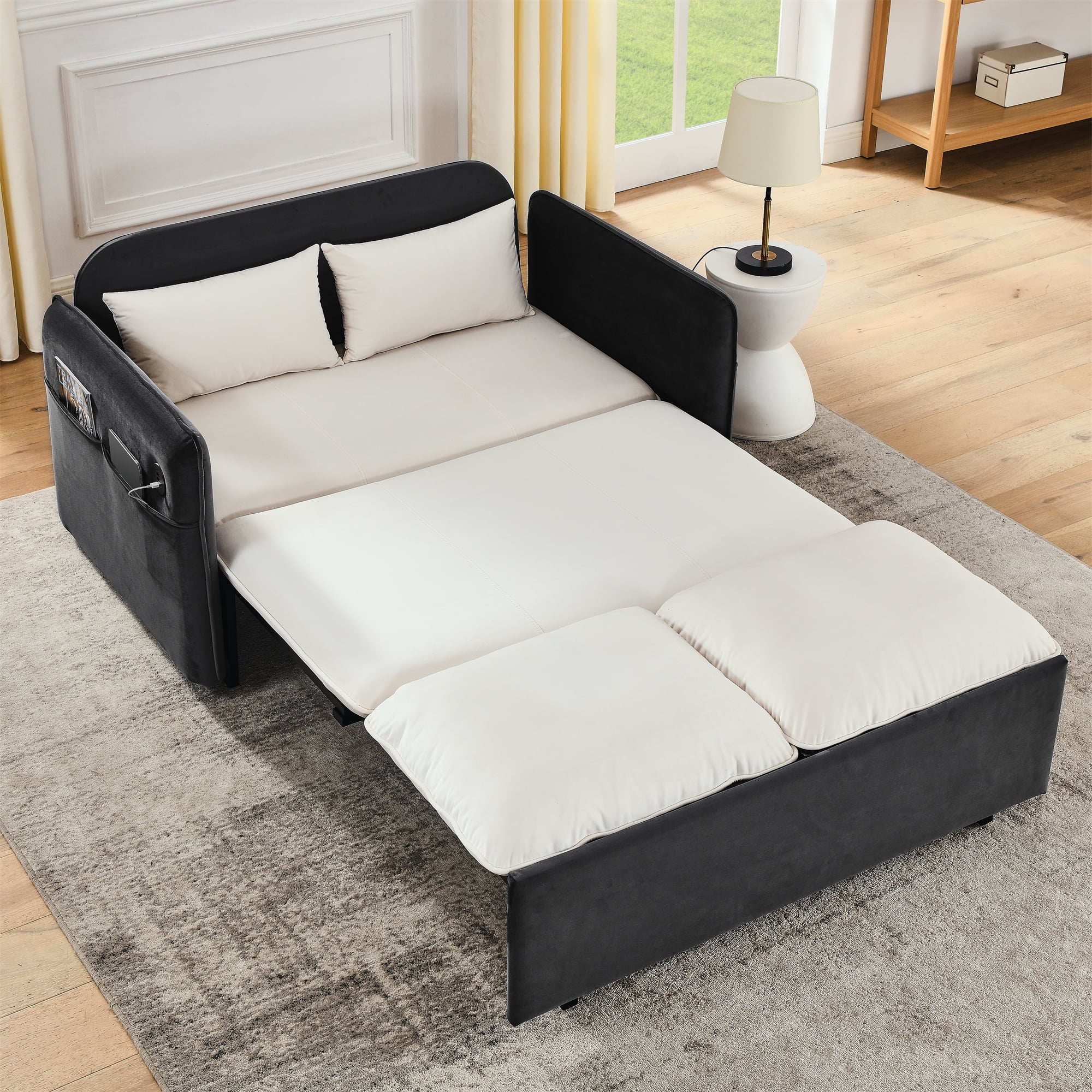 Miniyam Convertible Sleeper Sofa Bed Velvet Futon Couch Pullout Bed with Storage Pockets and Pillows Fit for Living Room Bedroom Black