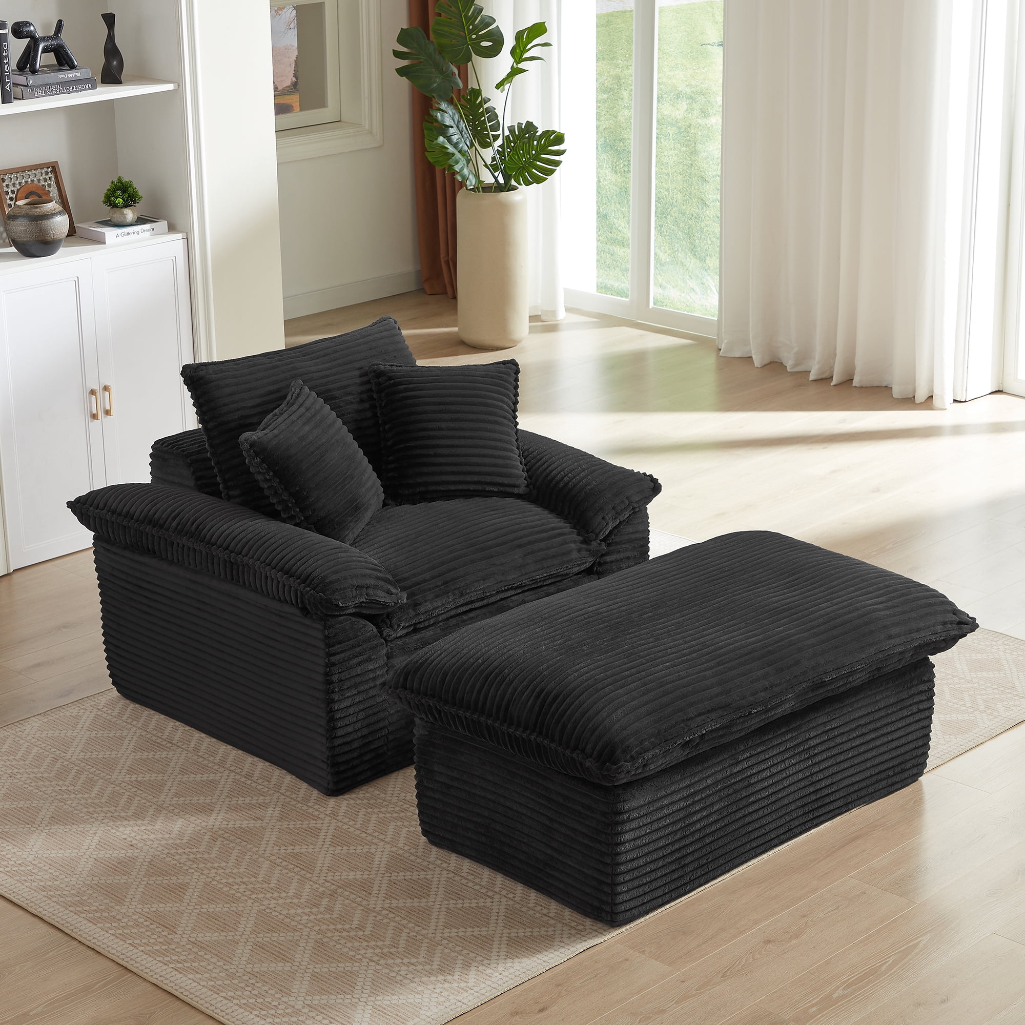 Miniyam Corduroy Chaise Lounge Chair with Ottoman, Oversized Modular Sofa Bed Couch for Living Room, Bedroom or Small Spaces, Black