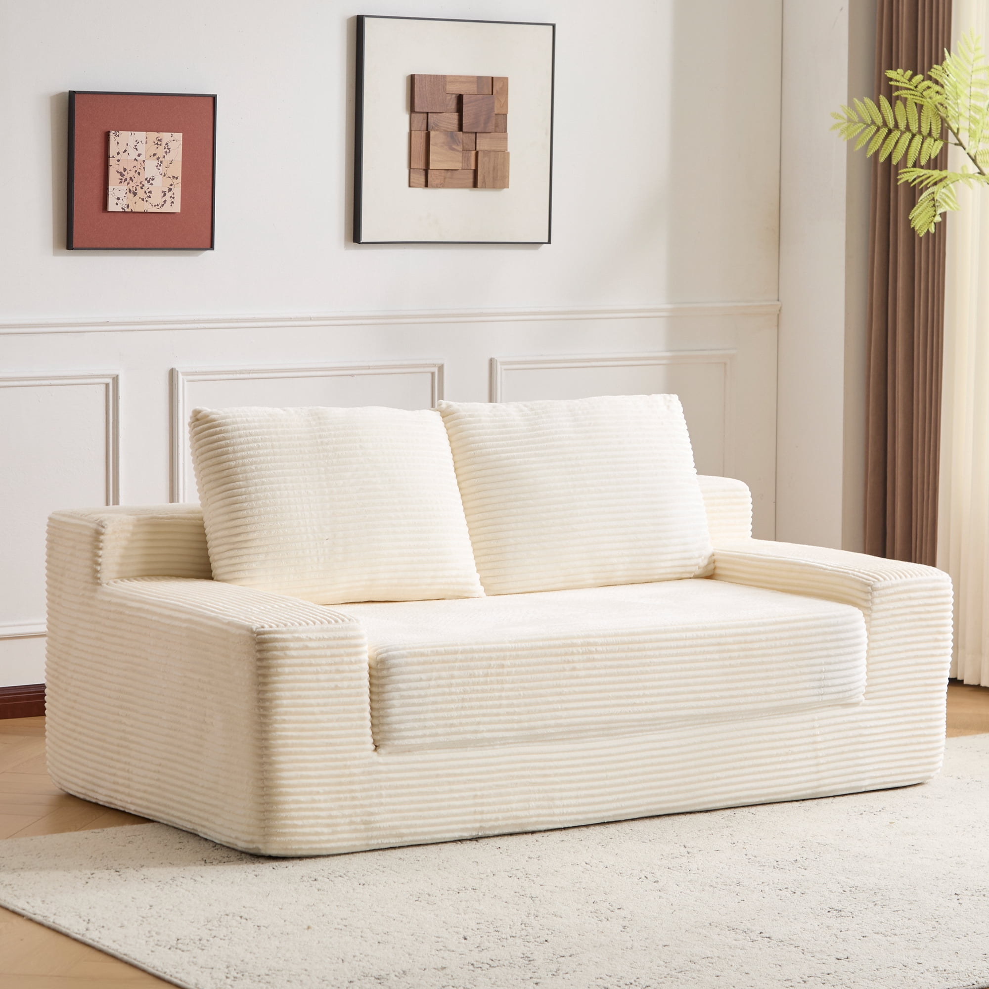 Miniyam Corduroy Convertible Loveseat Sofa with Removable Cushions, 2-Seater Couch for Living Room, No Assembly Required, White