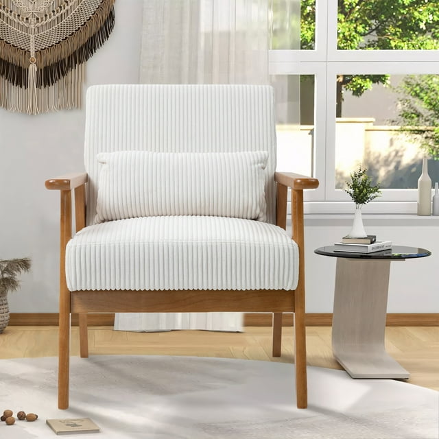 Miniyam Corduroy Mid-Century Modern Accent Chair,Leisure Chair with Solid Wood Armrest and Feet,Living Room Reading Chair,Beige