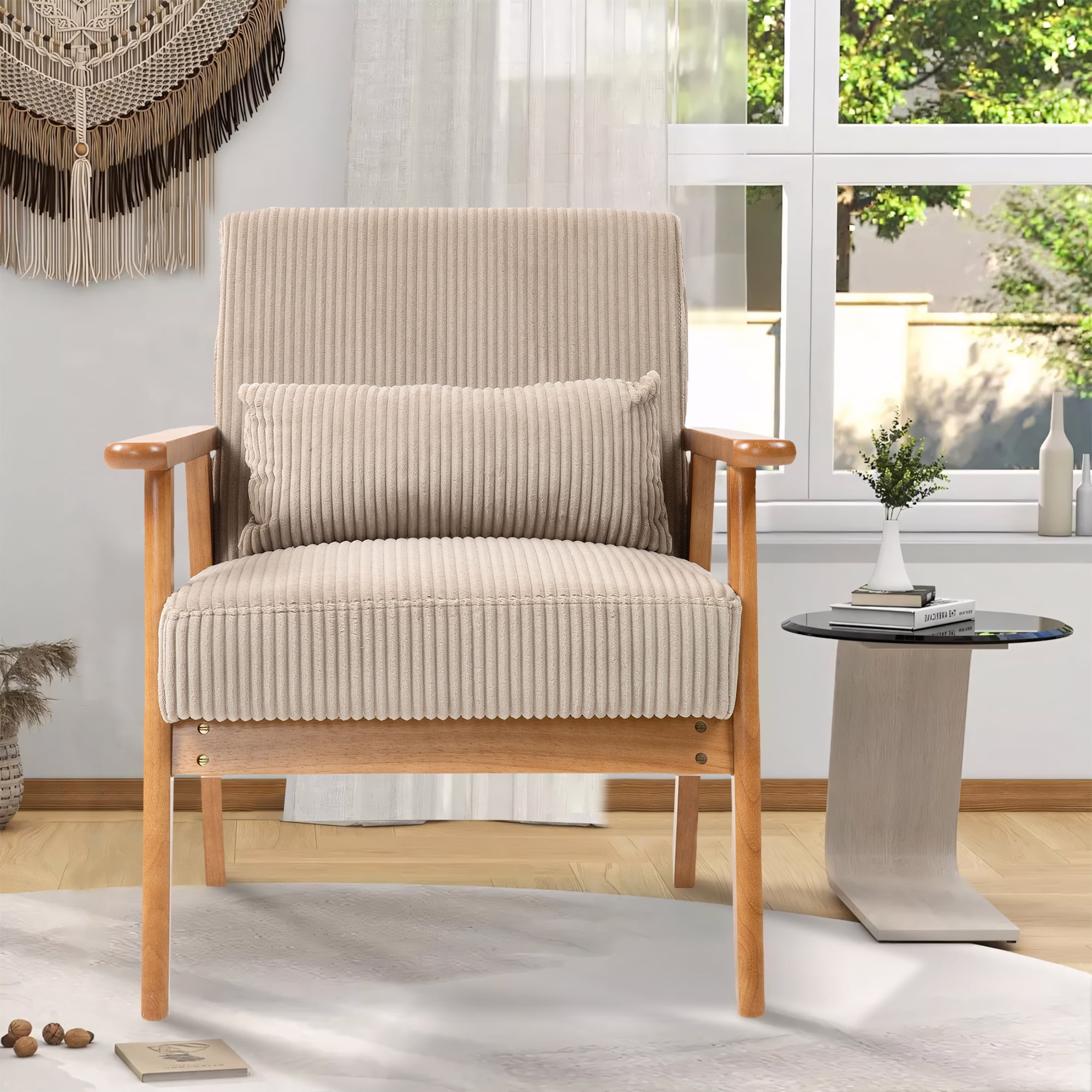 Miniyam Corduroy Mid-Century Modern Accent Chair,Leisure Chair with Solid Wood Armrest and Feet,Living Room Reading Chair,Camel