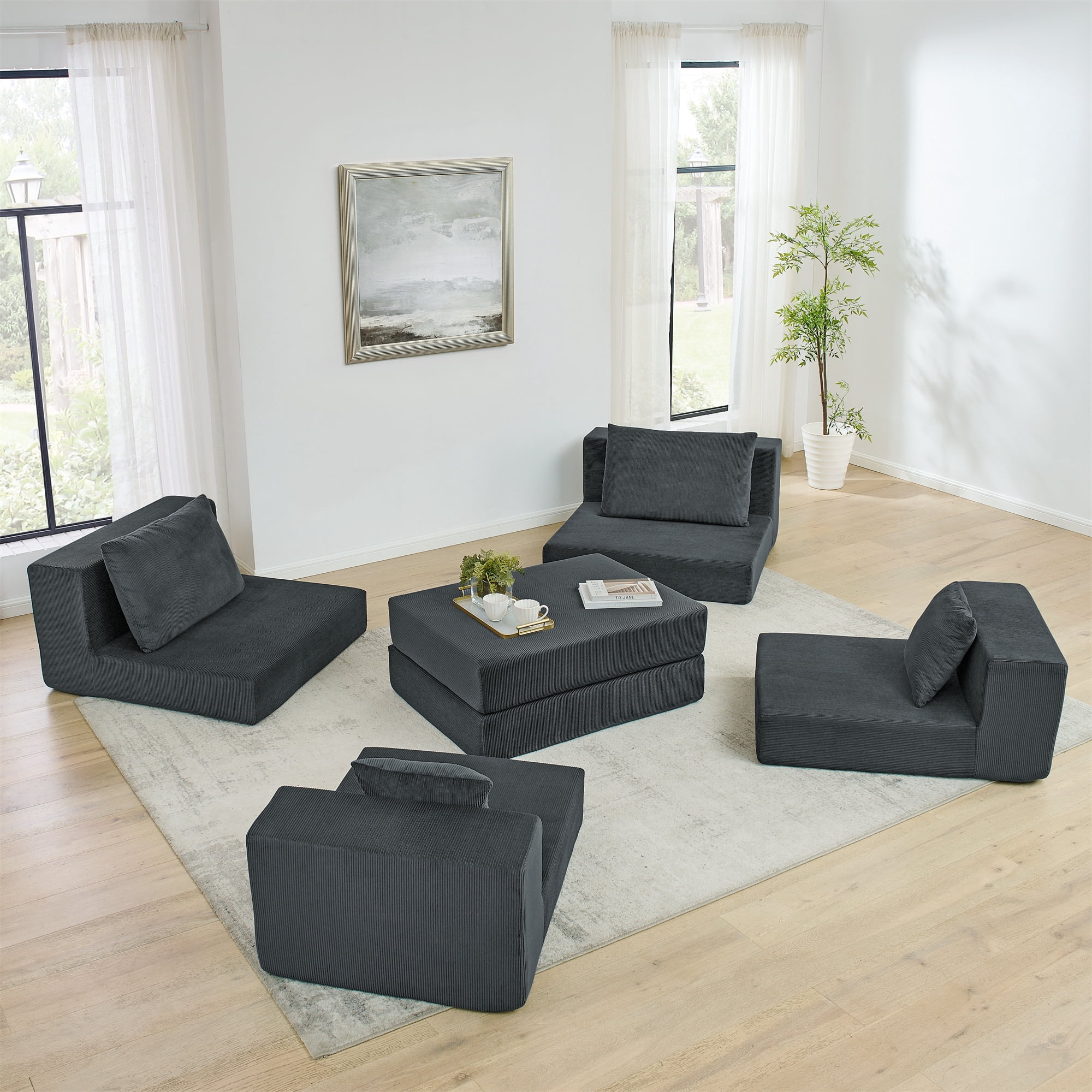 Miniyam Corduroy Modular Sofa, Cloud Couch Deep Seat Sectional with Pillows and Ottoman, No Assembly Required, Living Room Furniture, Grey