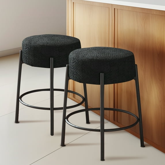 Miniyam Counter Height Bar Stools Set of 2,Boucle Kitchen Stools Upholstered Dining Chair Stools 24 Inch Height,Black