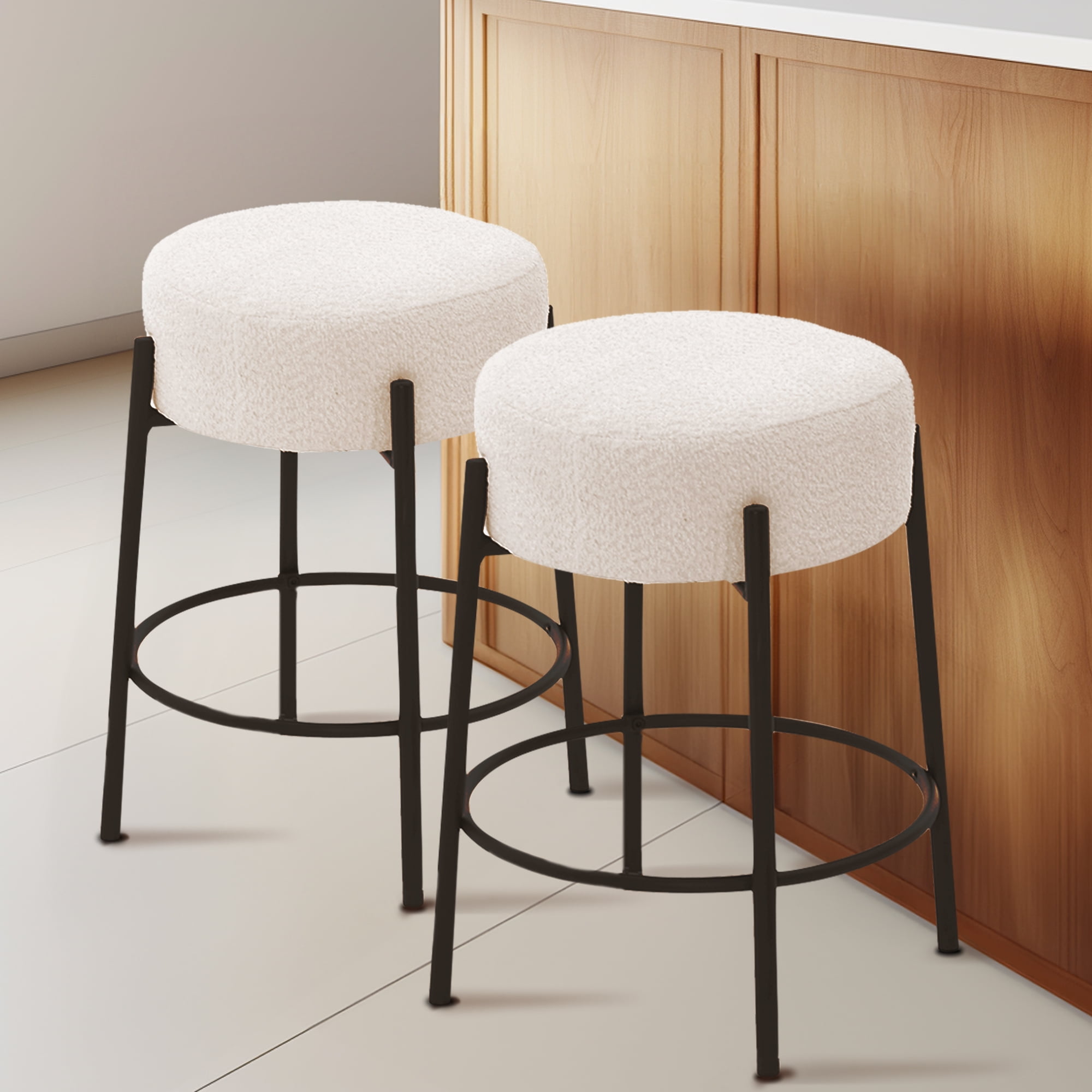 Miniyam Counter Height Bar Stools Set of 2,Boucle Kitchen Stools Upholstered Dining Chair Stools 24 Inch Height,White+Black