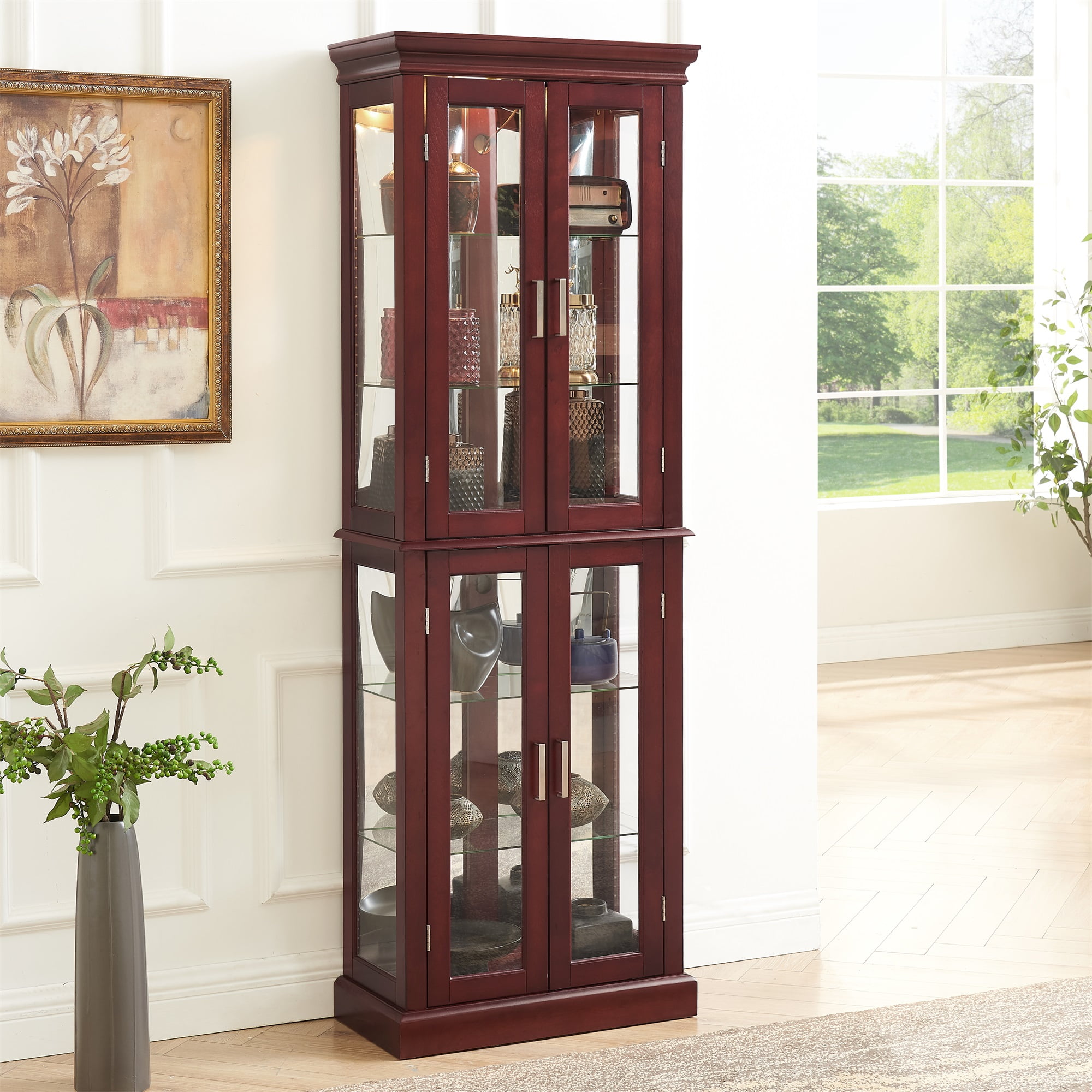 Miniyam Curio Display Cabinet with Adjustable Glass Shelves, Light, Cherry