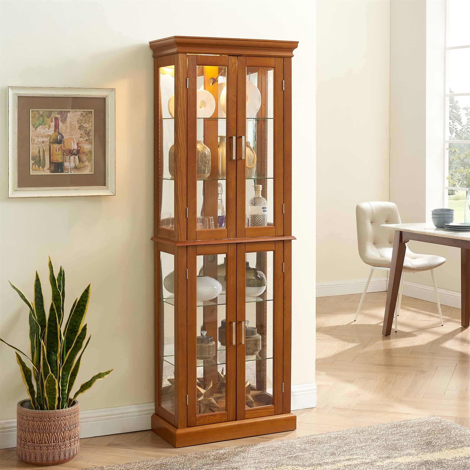 Miniyam Curio Display Cabinet with Adjustable Glass Shelves, Light, Oak