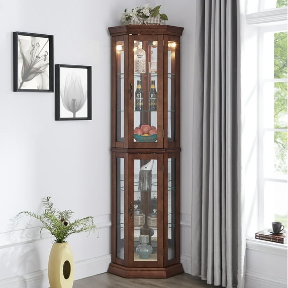 Miniyam Curio Display Cabinet with Lights, Glass Doors, Adjustable Shelves, Walnut