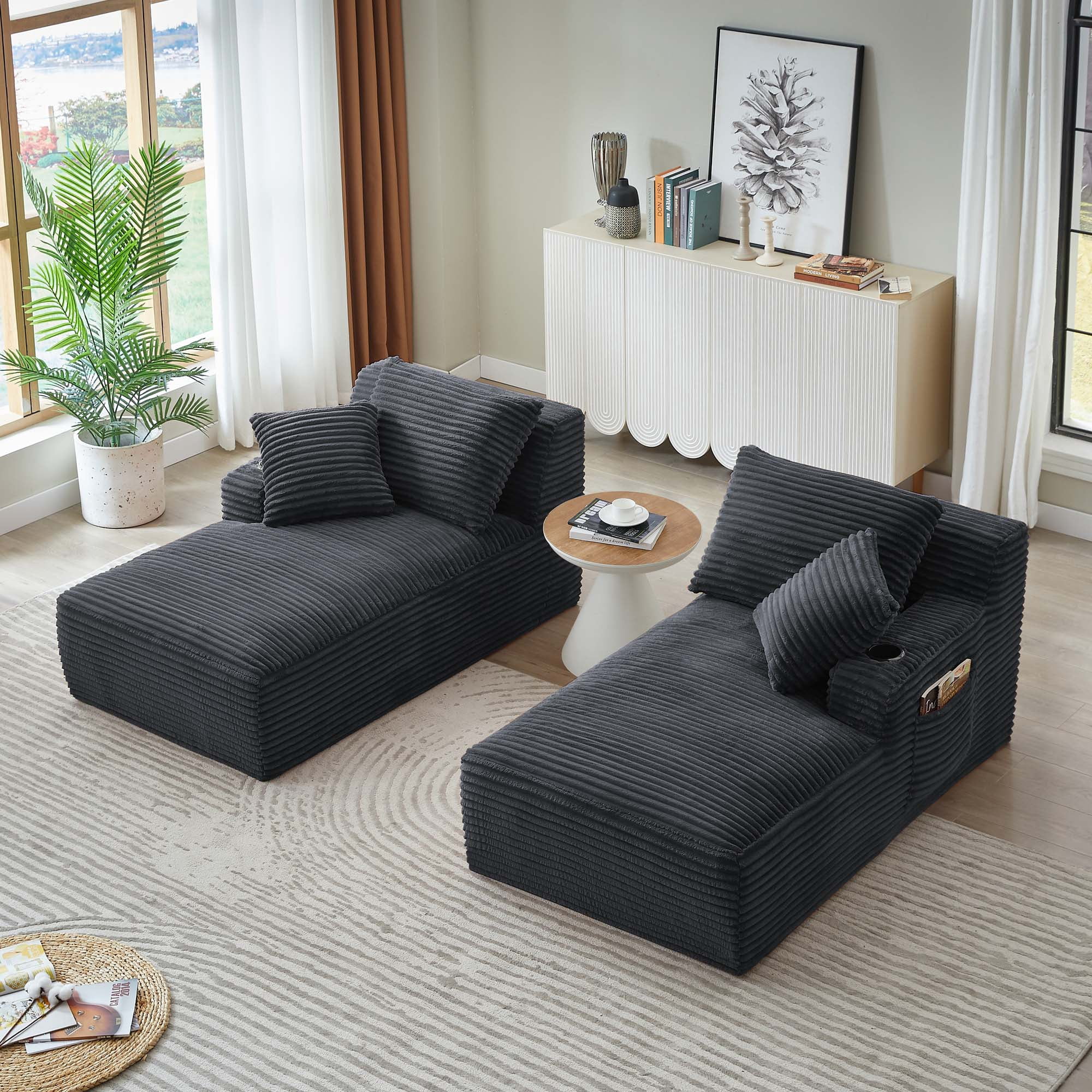 Miniyam Dark Grey Compressible Double Chaise Lounge with Cupholders - No Assembly Required, Fluffy Modern Sleeper Loveseat for Indoor Living Room Bedroom