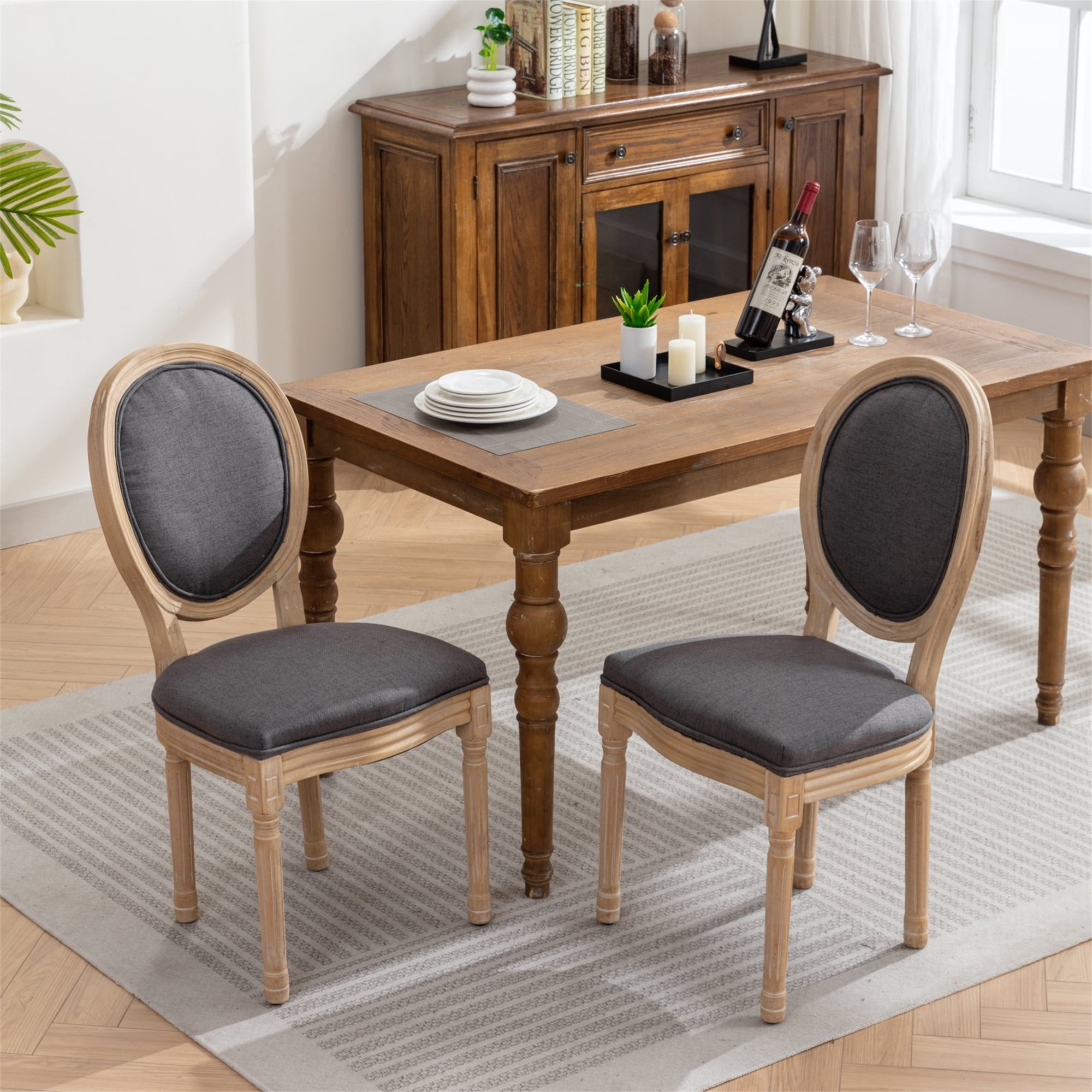 Miniyam Dining Chair Set of 2, French Style Antique Painting Linen Fabric Back, Drak Gray