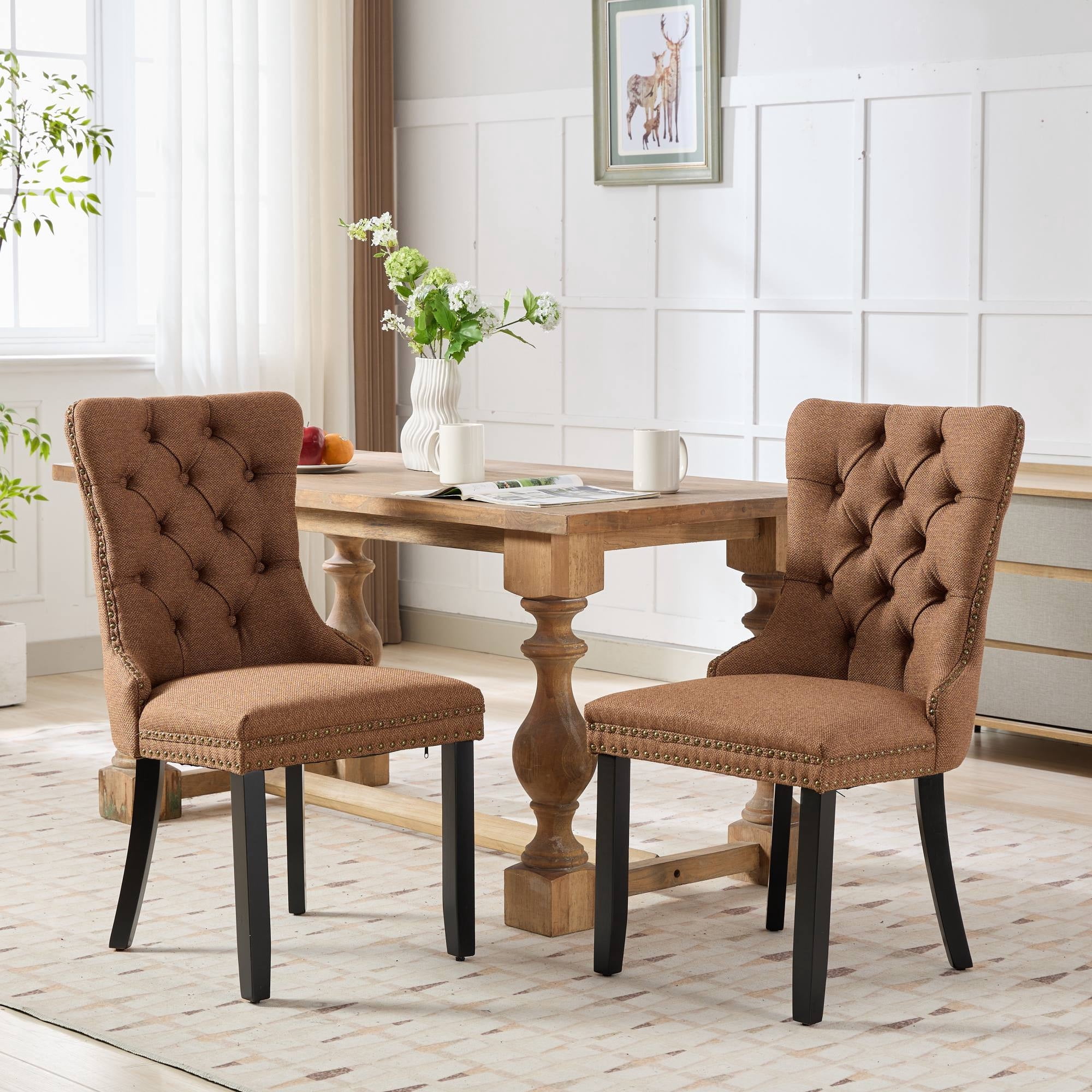 Miniyam Dining Chair Set of 2, High-end Tufted Contemporary Flax Upholstered, Coffee