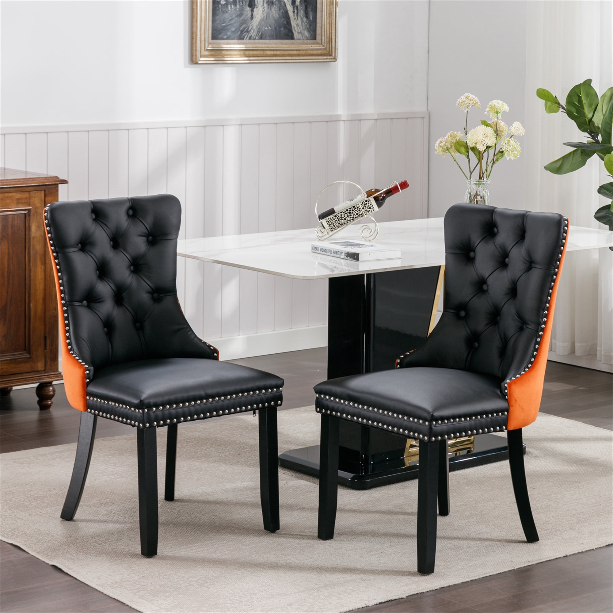 Miniyam Dining Chair Set of 2, High-end Tufted Contemporary PU and Velvet Upholstered, Black+Orange