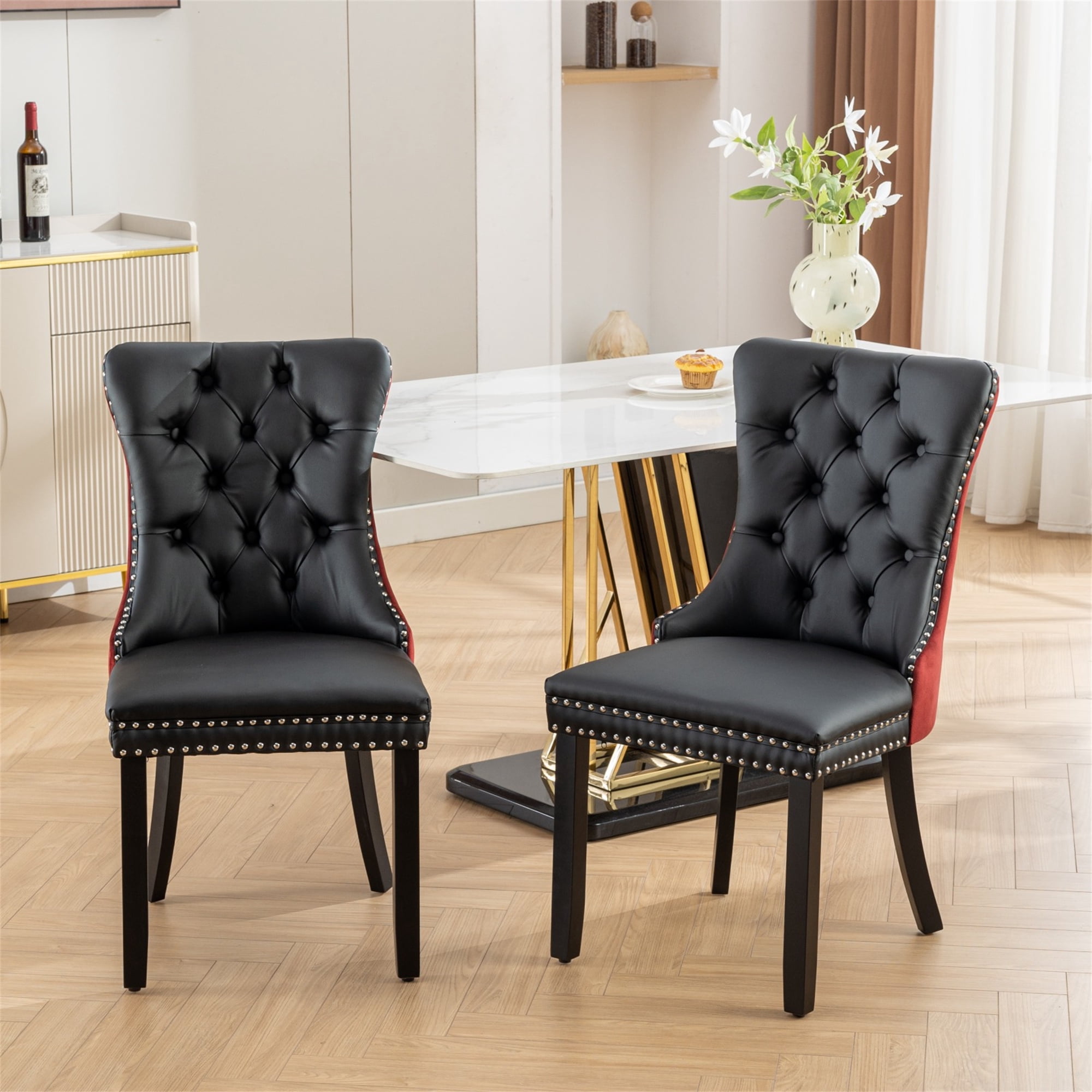Miniyam Dining Chair Set of 2, High-end Tufted Contemporary PU and Velvet Upholstered, Black+Wine Red