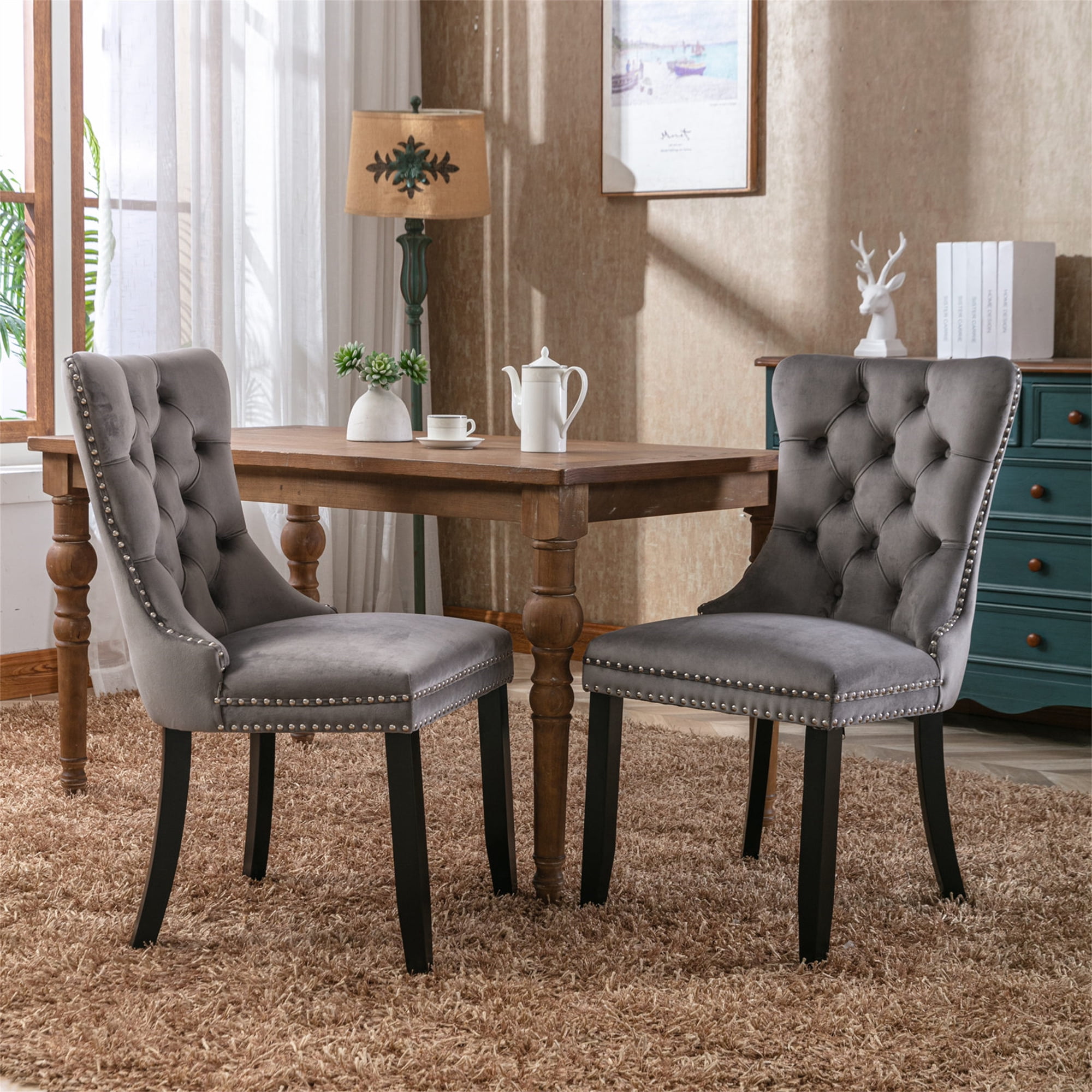 Miniyam Dining Chair Set of 2, High-end Tufted Velvet Upholstered, Gray
