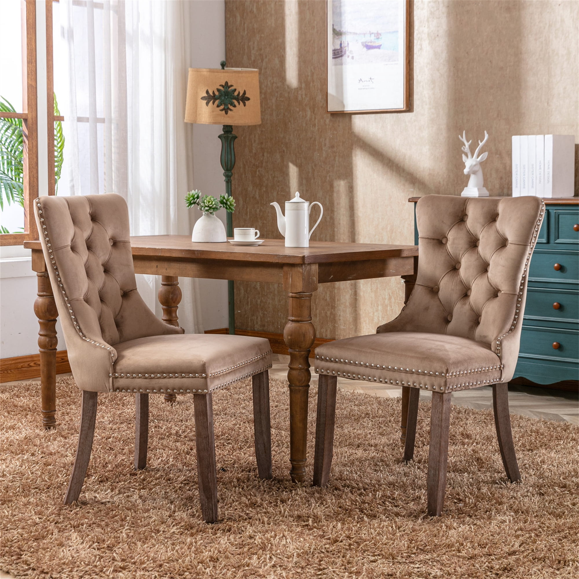 Miniyam Dining Chair Set of 2, High-end Tufted Velvet Upholstered, Khaki