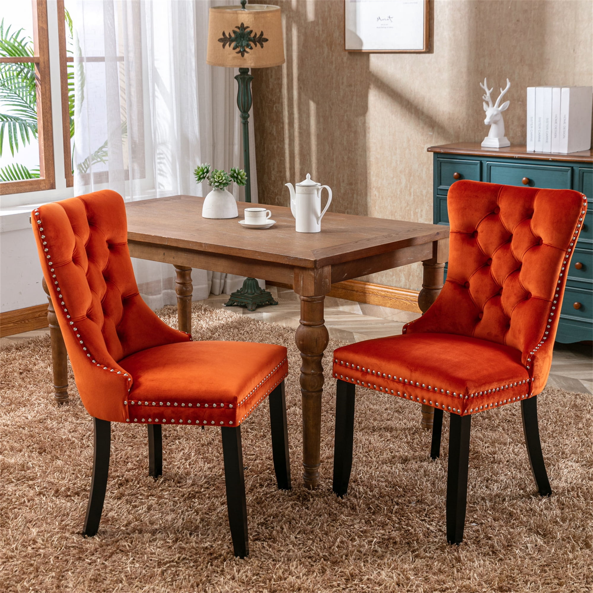 Miniyam Dining Chair Set of 2, High-end Tufted Velvet Upholstered, Orange