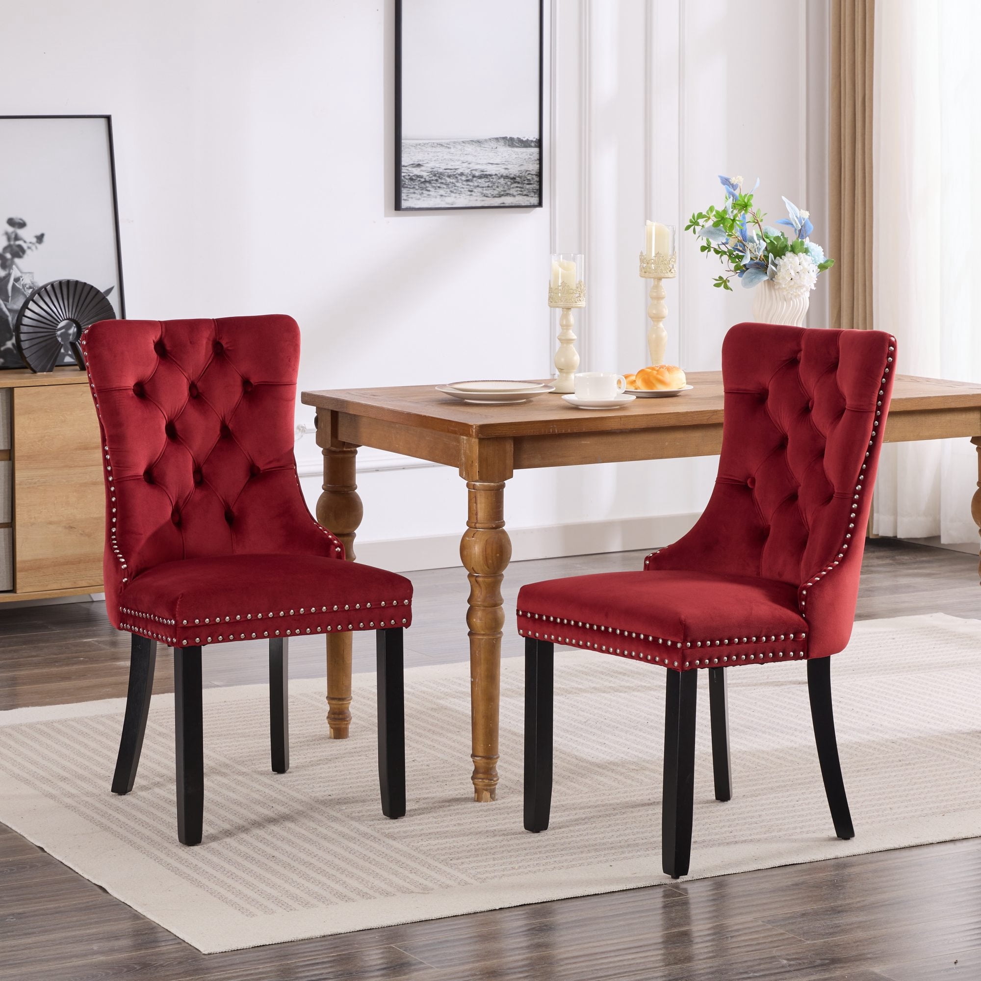 Miniyam Dining Chair Set of 2, High-end Tufted Velvet Upholstered, Wine Red