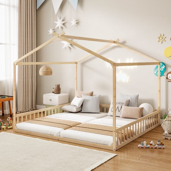 Miniyam Double Twin Floor Bed for Kids, House Bed with Guardrails and Open Entrance, Natural