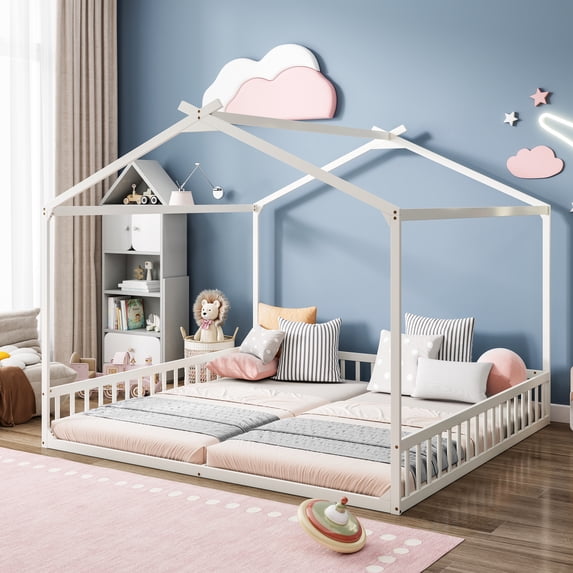 Miniyam Double Twin Floor Bed for Kids, House Bed with Guardrails and Open Entrance, White