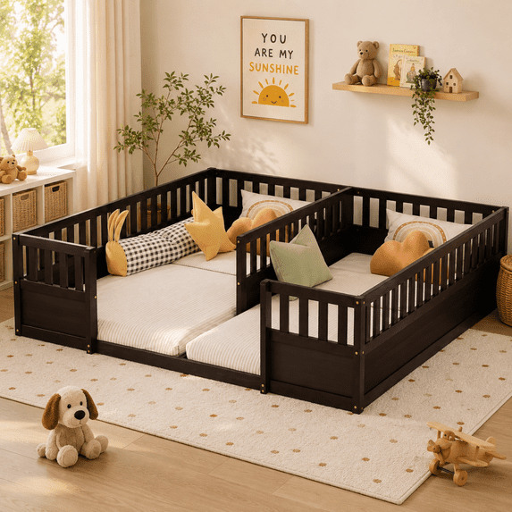 Miniyam Double Twin Size Floor Bed, Wood Kids Bed with Guardrails, Espresso