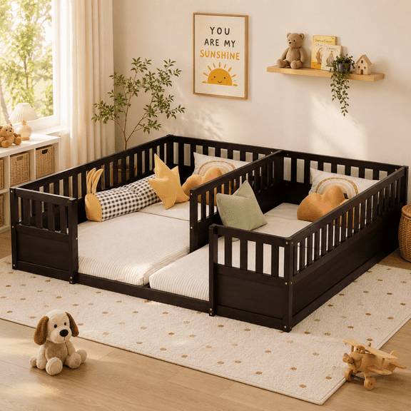 Miniyam Double Twin Size Floor Bed, Wood Kids Bed with Guardrails, Espresso