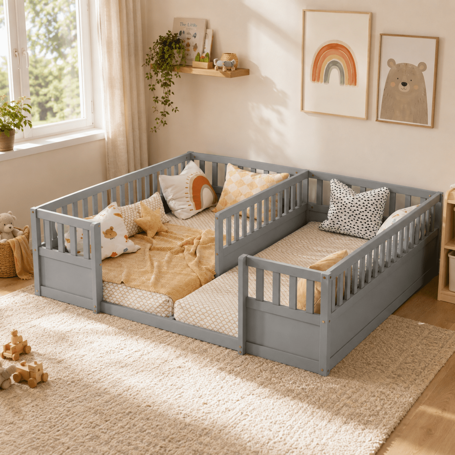 Miniyam Double Twin Size Floor Bed, Wood Kids Bed with Guardrails, Gray