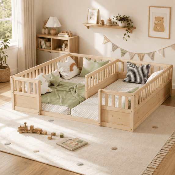 Miniyam Double Twin Size Floor Bed, Wood Kids Bed with Guardrails, Natural