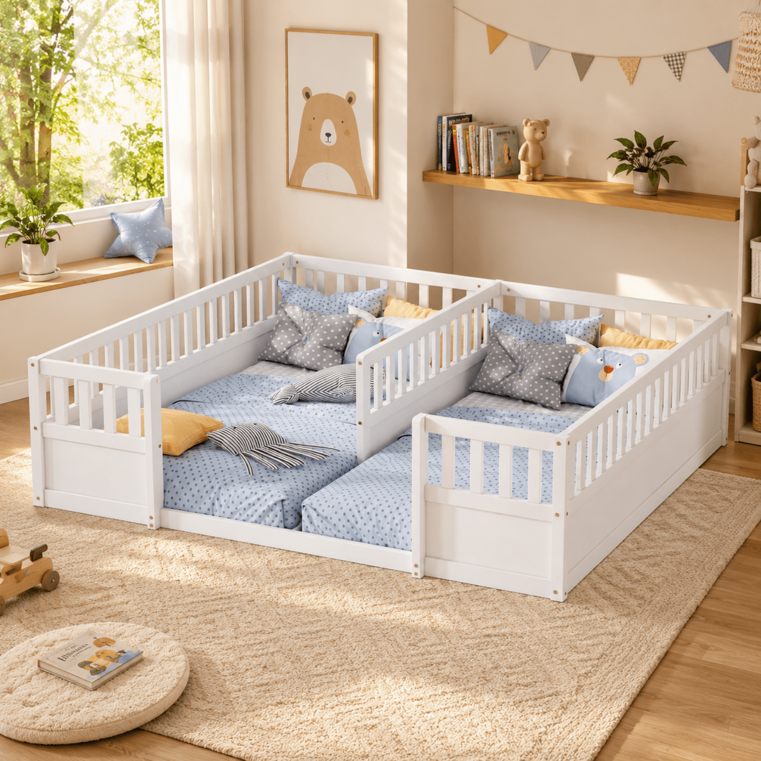 Miniyam Double Twin Size Floor Bed, Wood Kids Bed with Guardrails, White