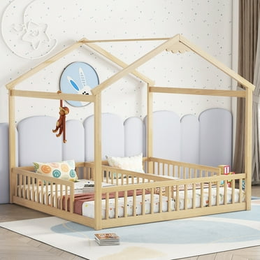 Miniyam Double Twin Size Floor Bed with Guardrails for Toddler, Natural