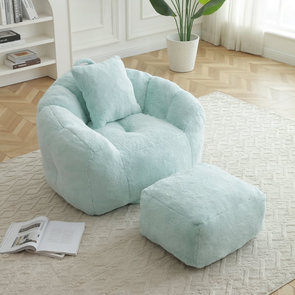 Miniyam Ergonomic Faux Fur Bean Bag Chair with Ottoman - Living Room, Bedroom, Game Room Lounger for Adults & Teens (Light Blue)