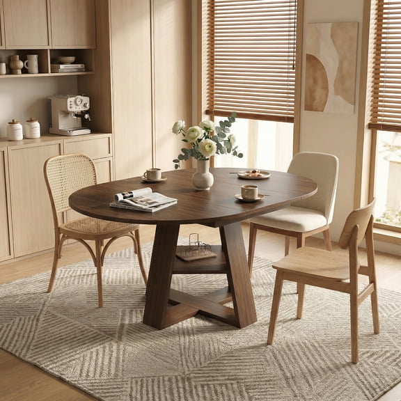 Miniyam Extendable Round Dining Table for 4–8 People, 43.3” to 59” Retractable Kitchen Table with Storage Shelf, Farmhouse Dining Table, Walnut