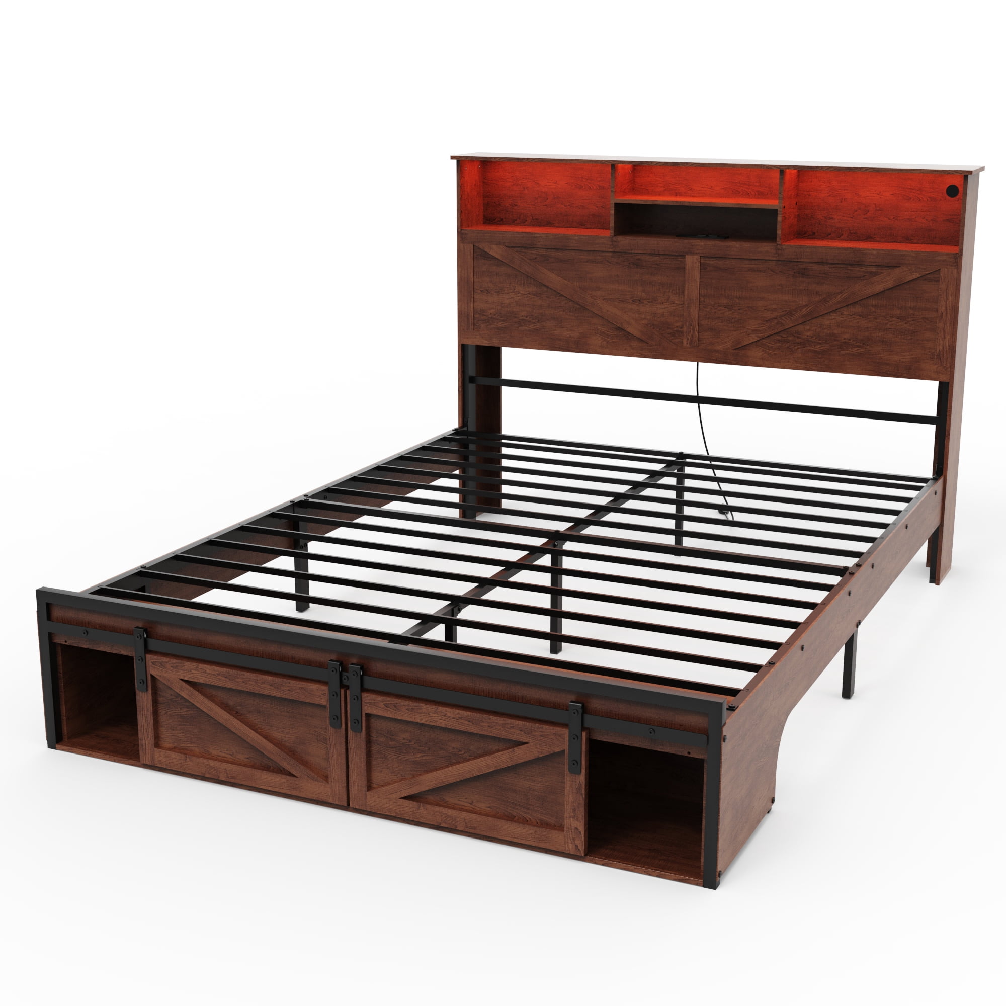 Miniyam Farmhouse Full Size Bed with LED Headboard, Bookcase Storage, USB & Type-C Charging Station, Sliding Barn Door Footboard for Adult, Brown
