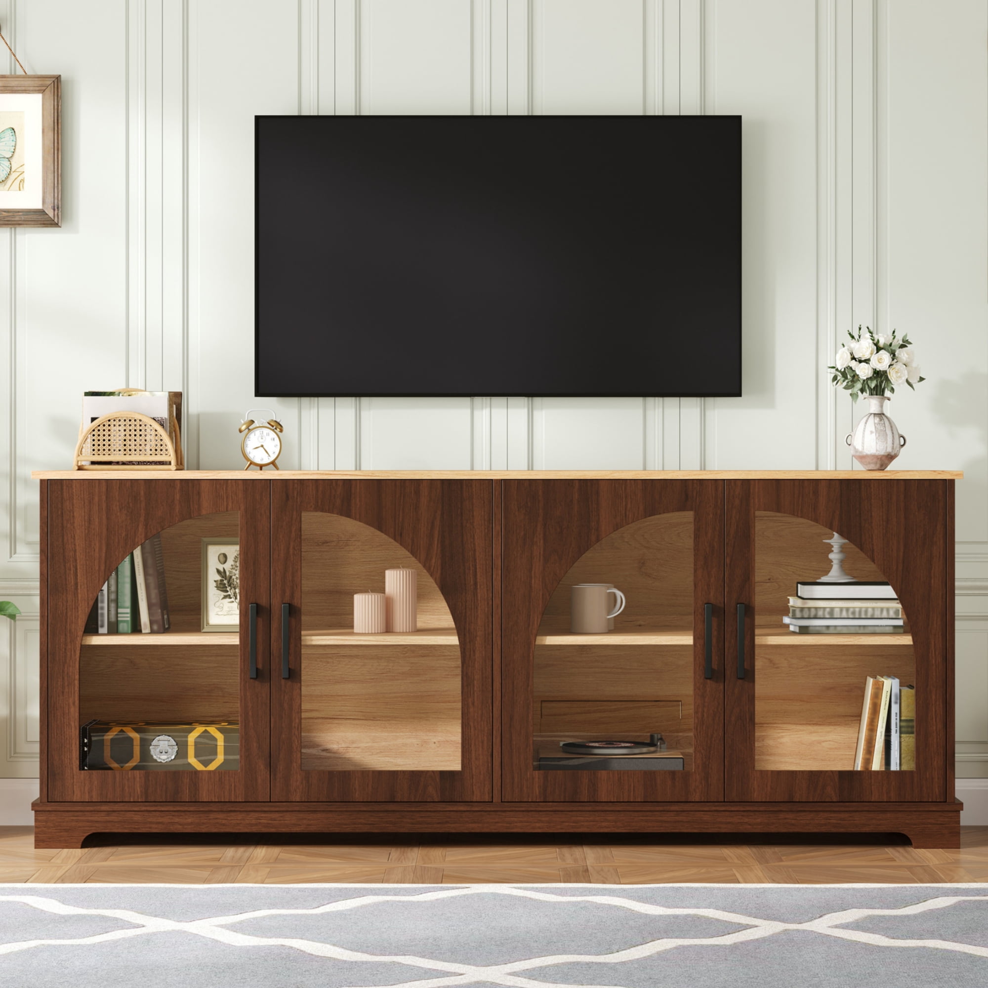 Miniyam Farmhouse TV Stand for TVs up to 70″ - Semi-Arched Glass Door Media Console with Adjustable Shelves & Cable Management, Walnut
