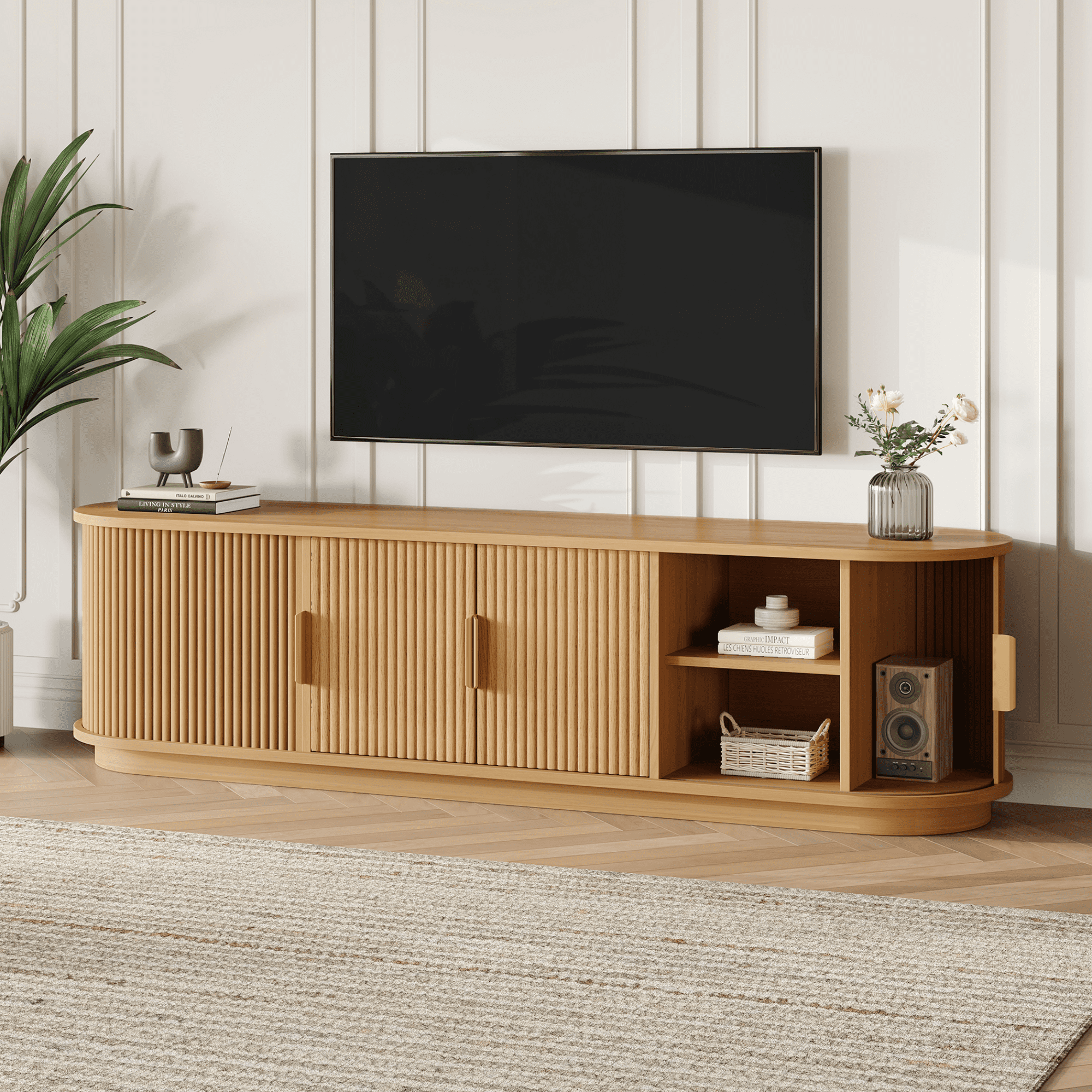 Miniyam Farmhouse Wooden TV Stand with Sliding Tambour Door for TVs up to 75", Fluted Media Console with Adjustable Storage, & Cable Holes for Living Room, Natural