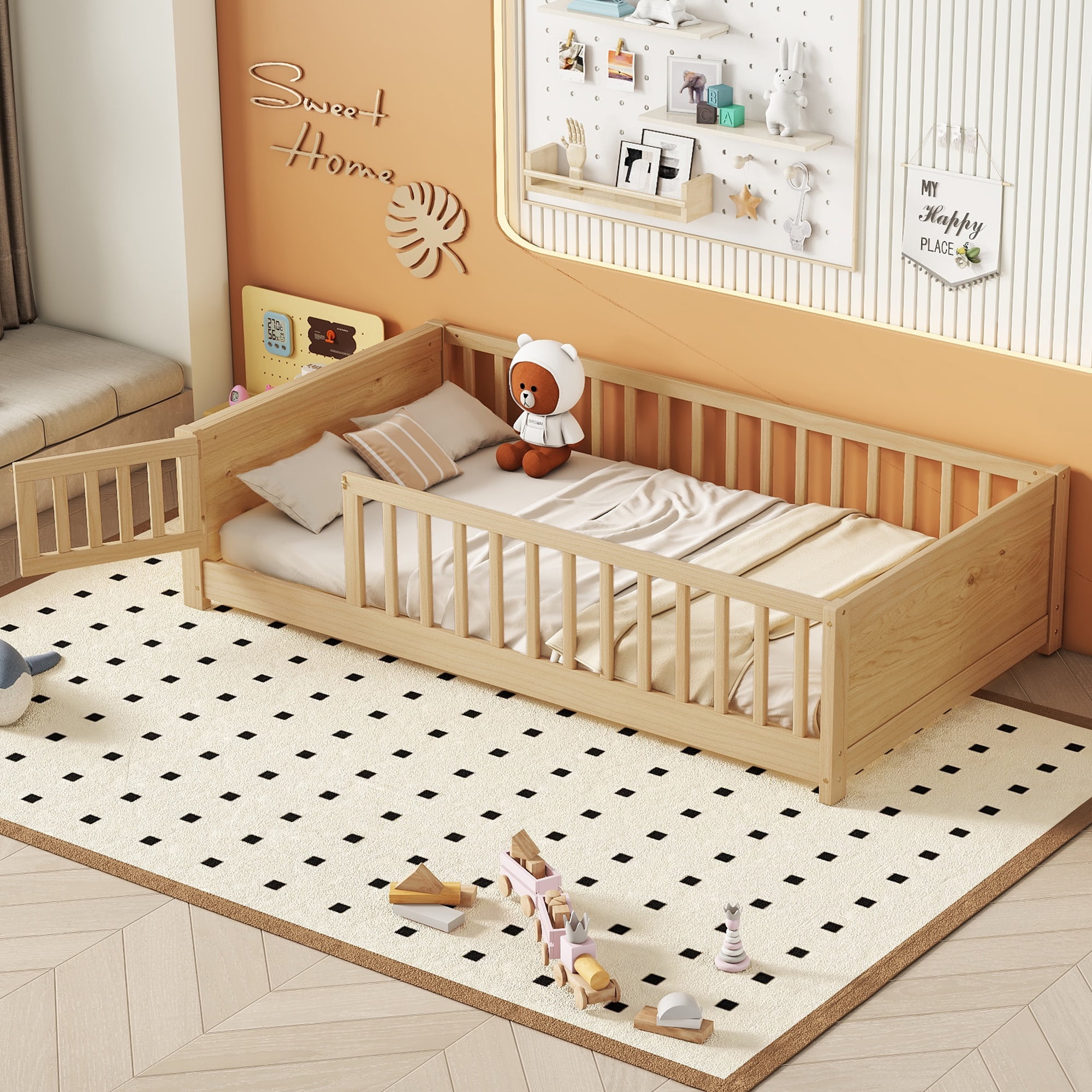 Miniyam Floor Bed, Twin Size Platform Bed Frame with Built-in Book Storage Rack, Door, Natural