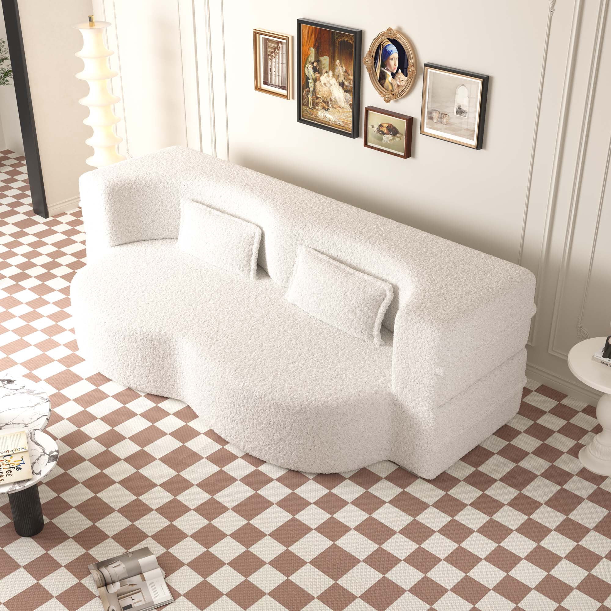 Miniyam Floor Sofa with 2 Pillows, Convertible Teddy Fabric Foam-Filled Sleeper Sofa Bed, Beige