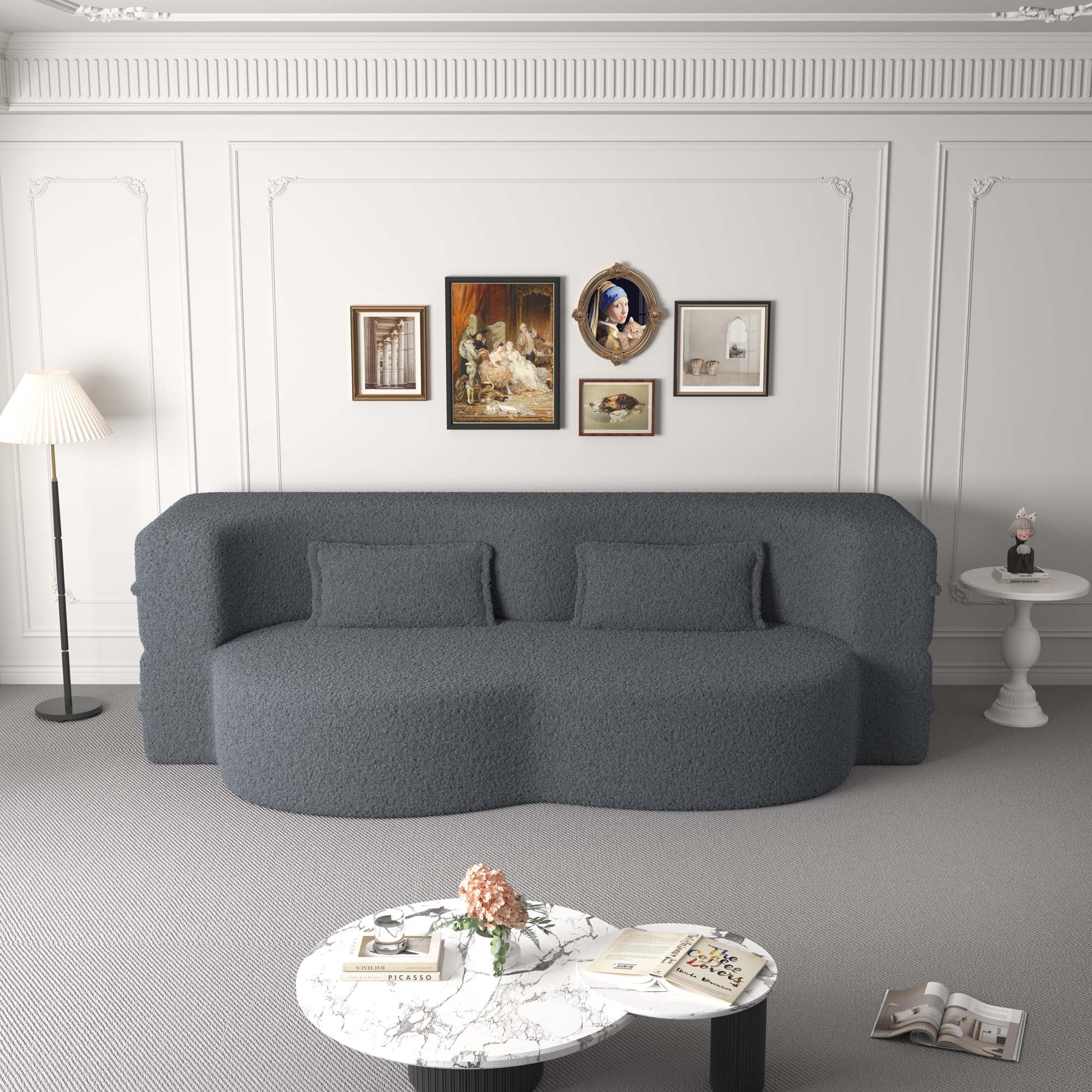 Miniyam Floor Sofa with 2 Pillows, Convertible Teddy Fabric Foam-Filled Sleeper Sofa Bed, Grey
